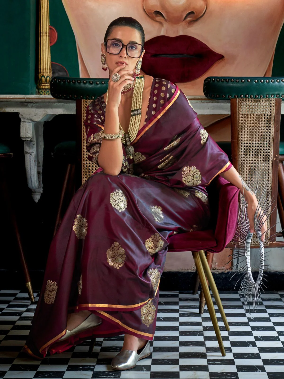 Odette Wine Satin Woven Saree With Unstitched Blouse For Women - Image 2