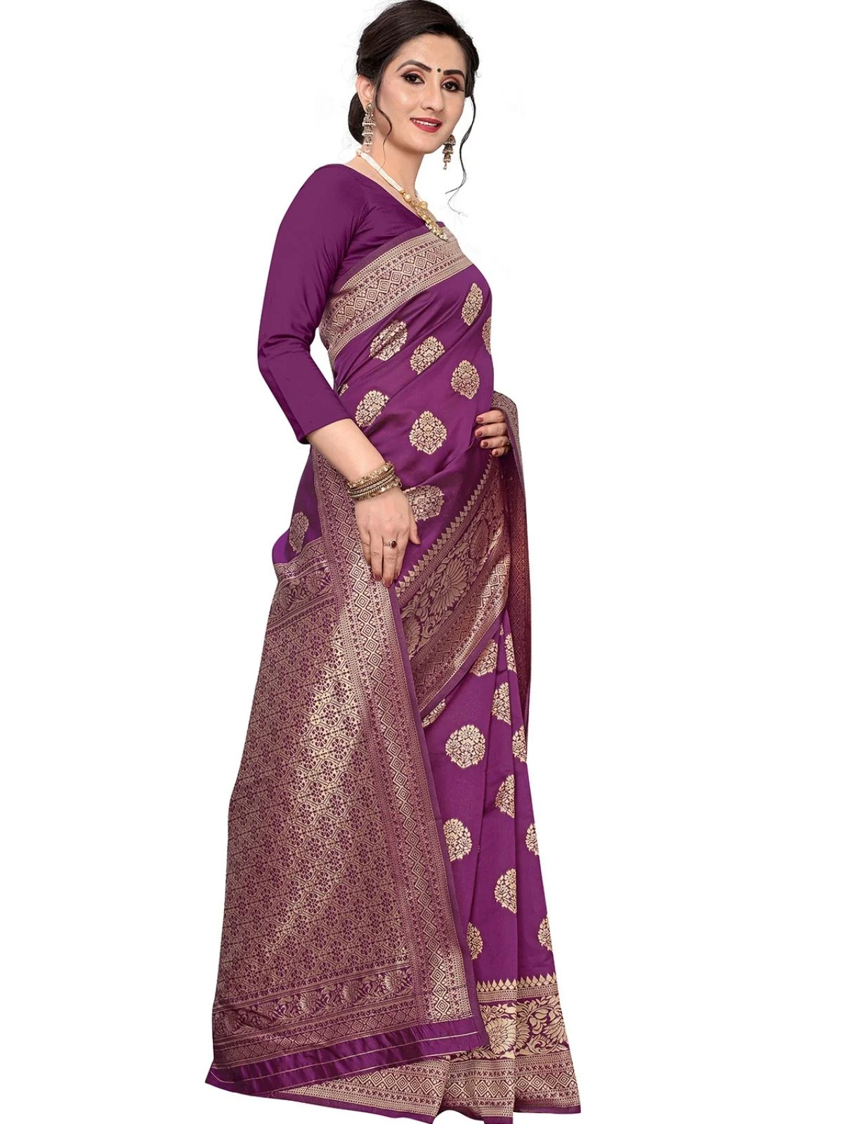 Odette Wine Silk Blend Embellished Saree For Women - Image 3