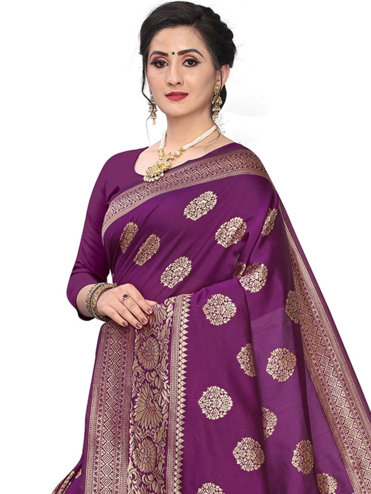 Odette Wine Silk Blend Embellished Saree For Women - Image 5