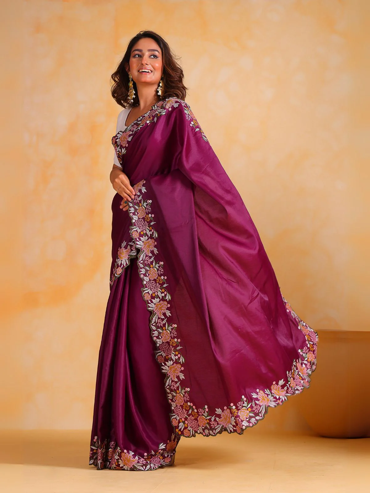 Odette Wine Silk Blend Embroidered Saree With Unstitched Blouse For Women - Image 2