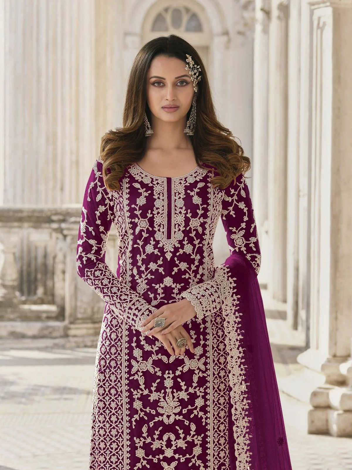 Odette Wine Silk Blend Embroidered Semi Stitched Kurta Set For Women - Image 2