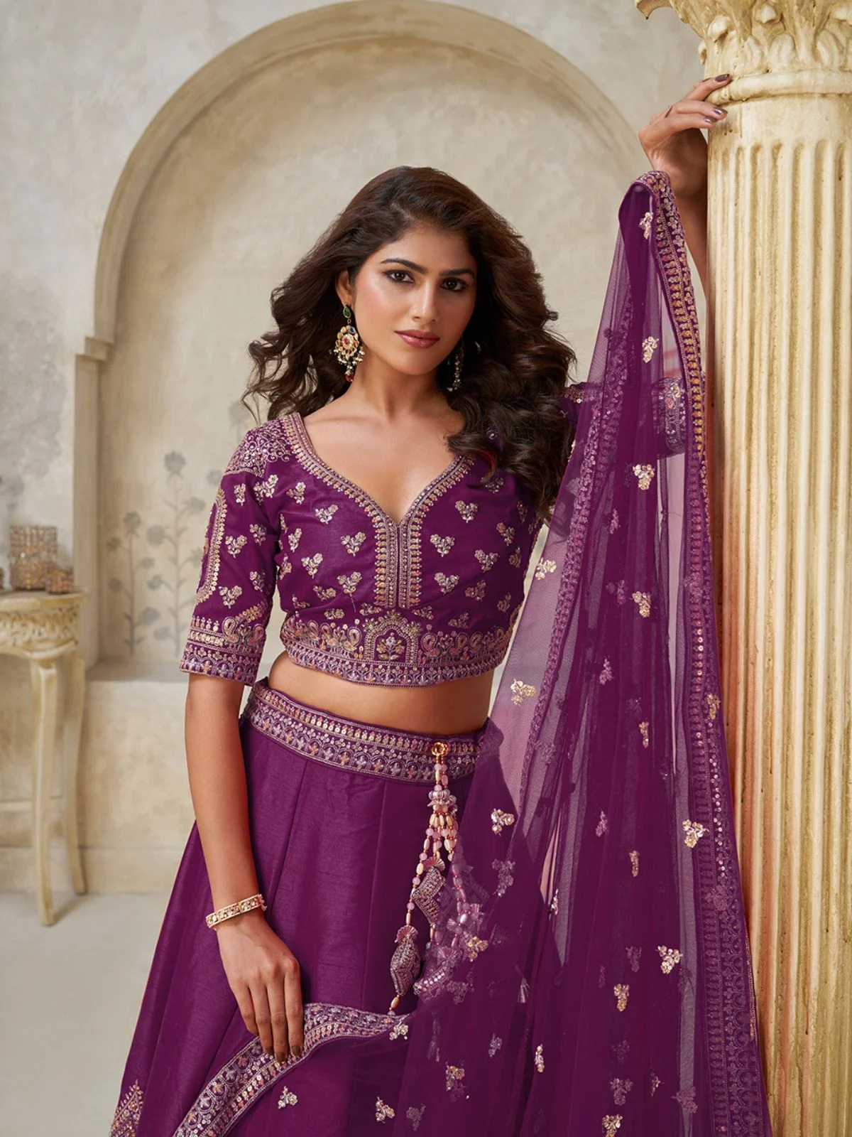 Odette Wine Silk Blend Embroidered Semi-Stitched Lehenga For Women - Image 3
