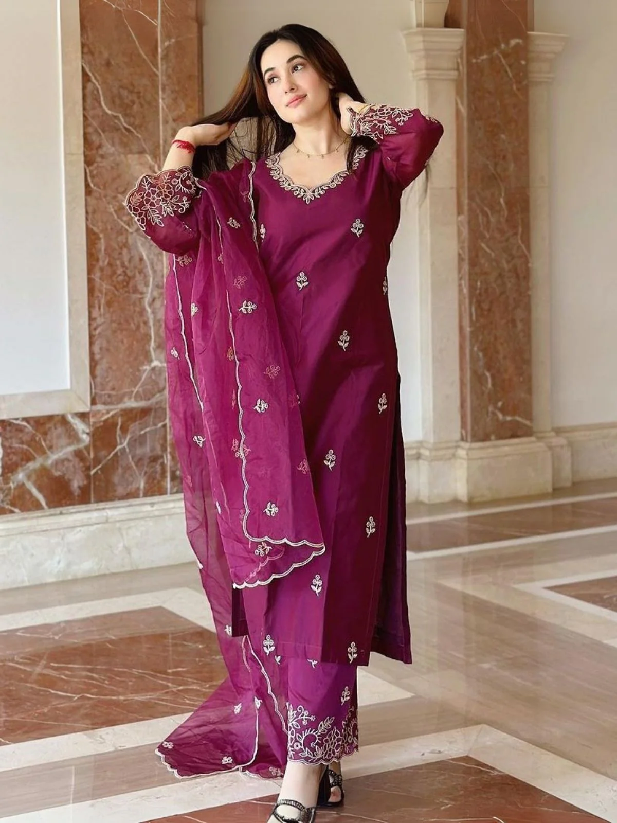 Odette Wine Silk Blend Embroidered Stiched Kurta Set For Women - Image 2