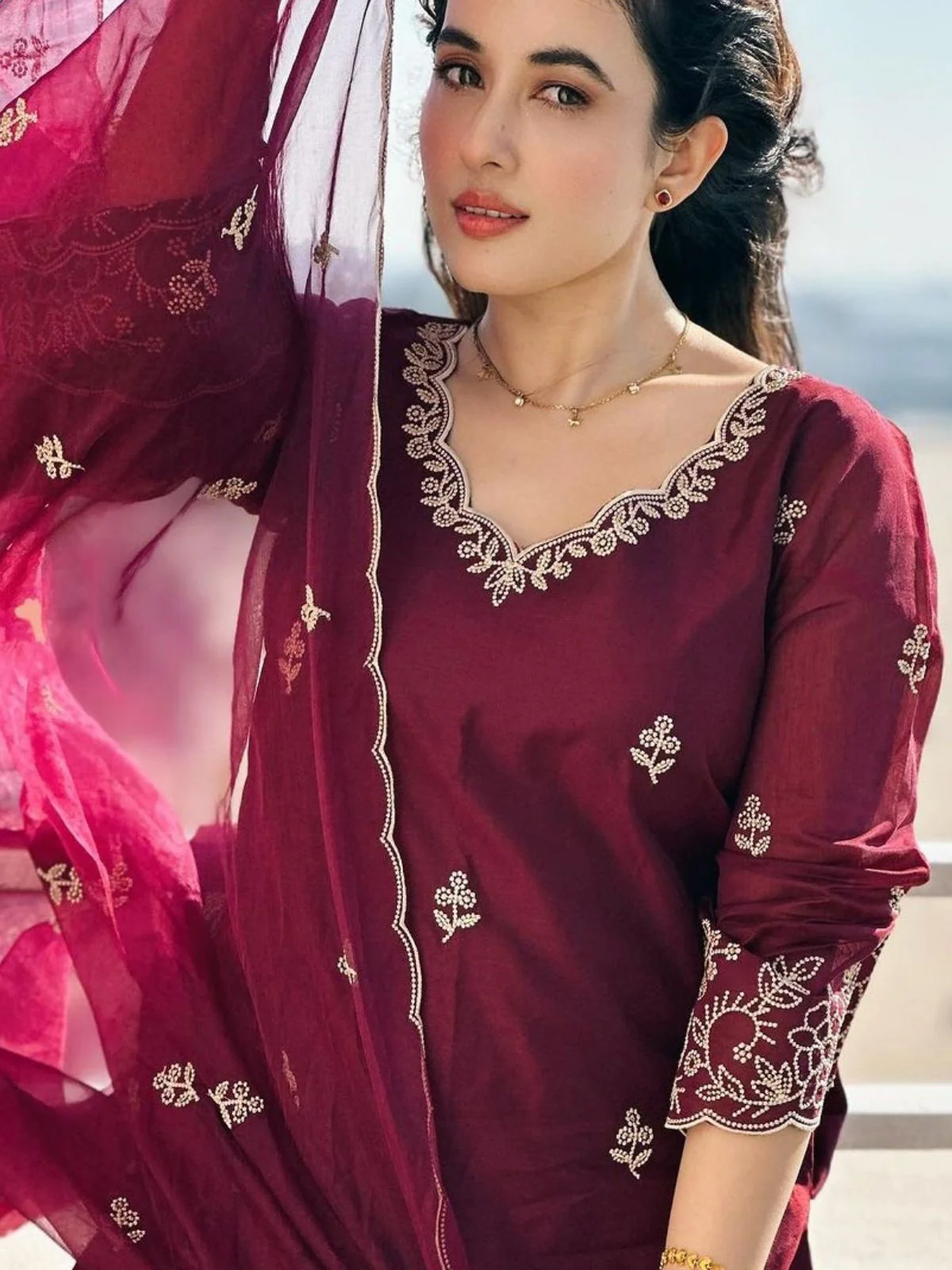 Odette Wine Silk Blend Embroidered Stiched Kurta Set For Women - Image 4