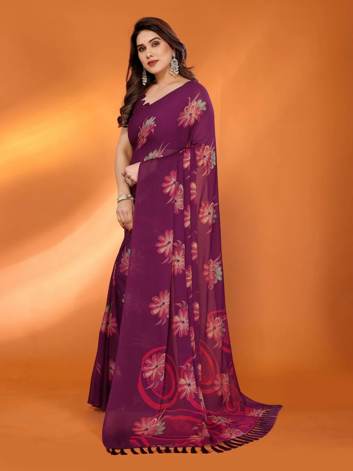 Odette Wine Silk Blend Floral Print Saree For Women - Image 2