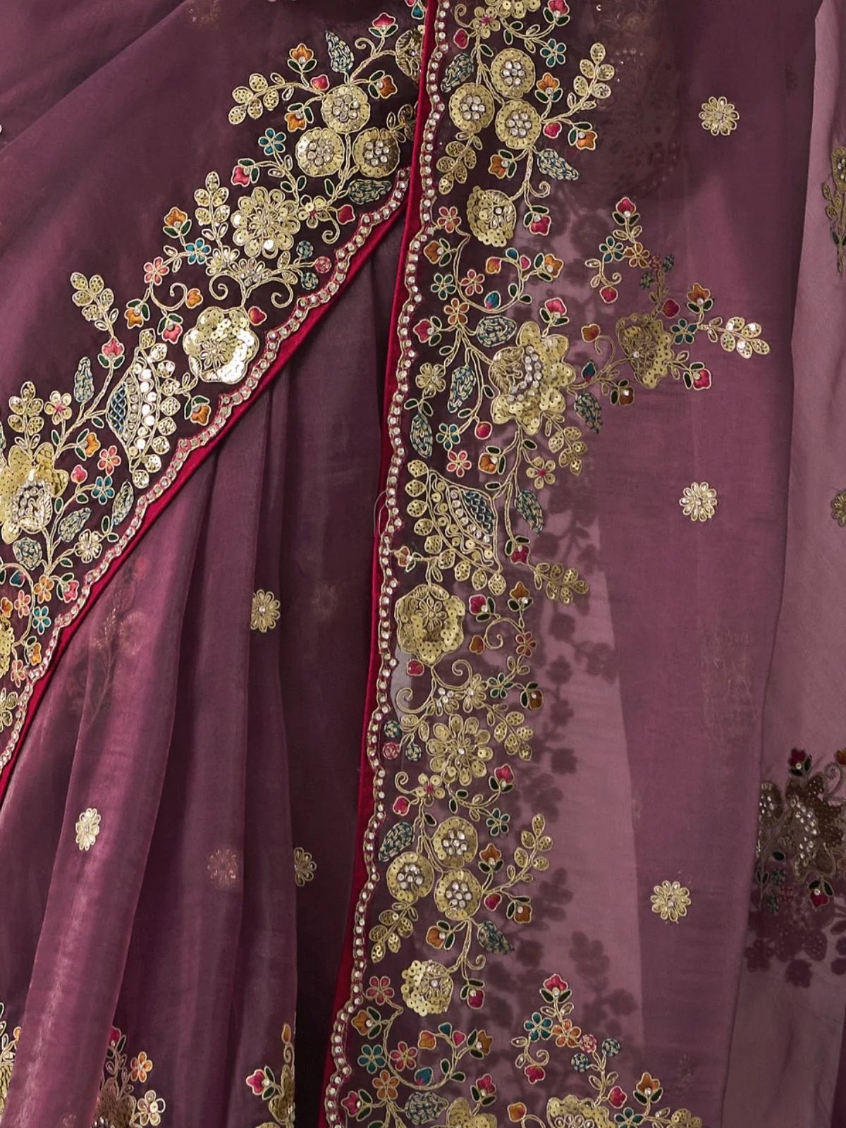 Odette Wine Organza Embroidered Saree With Unstitched Blouse For Women - Image 4