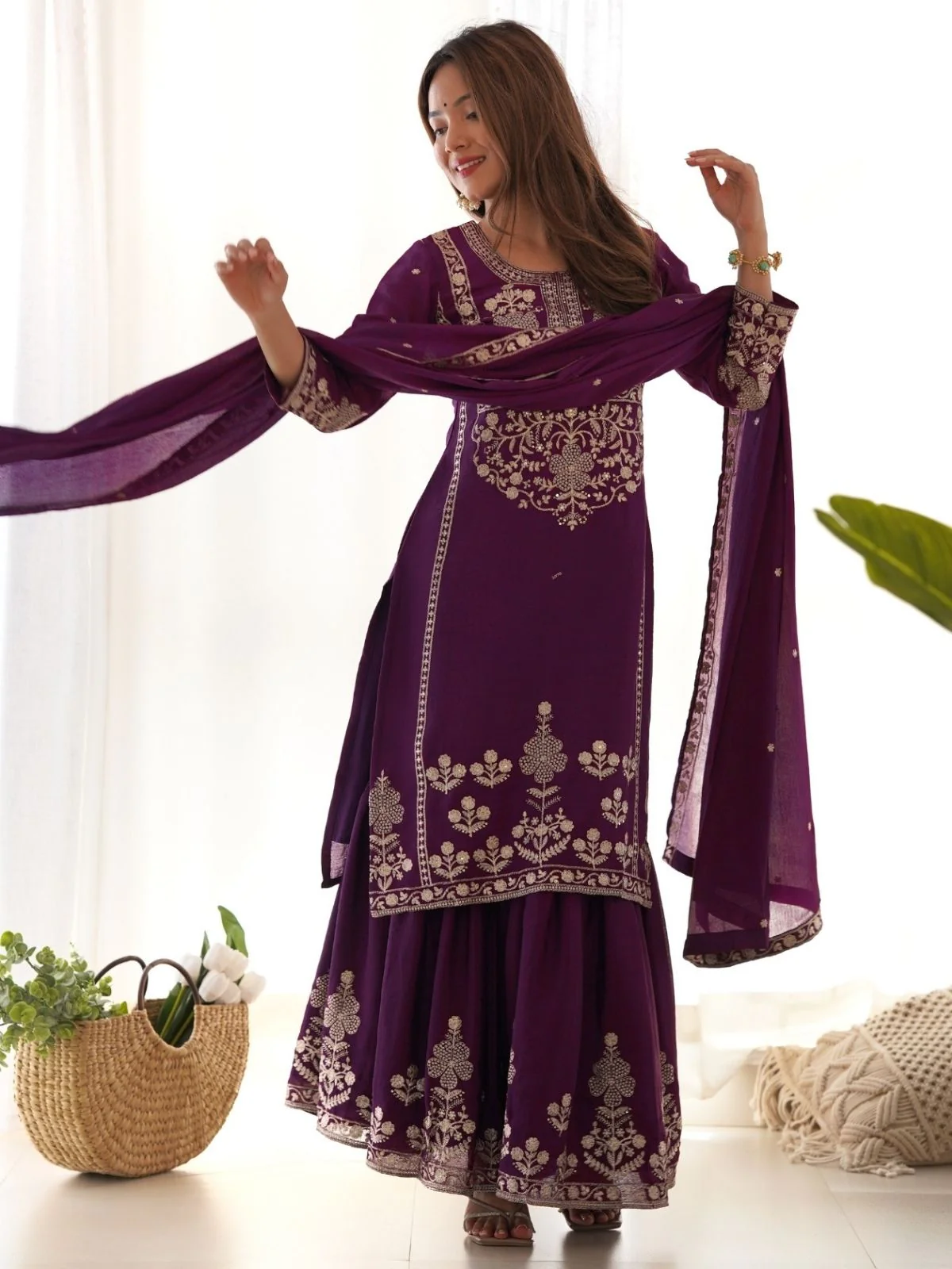 Odette Wine Silk Embroidered Sharara Set For Women - Image 2
