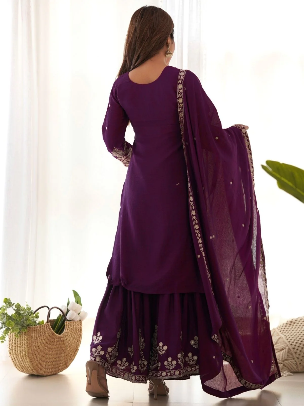Odette Wine Silk Embroidered Sharara Set For Women - Image 3