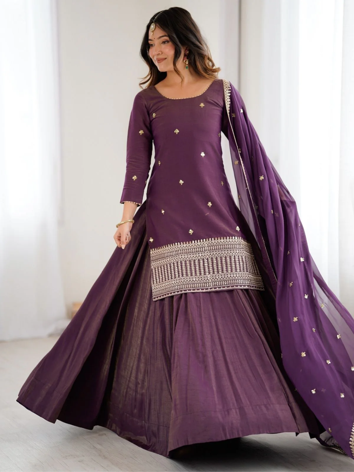 Odette Wine Silk Embroidered Sharara Set For Women - Image 2