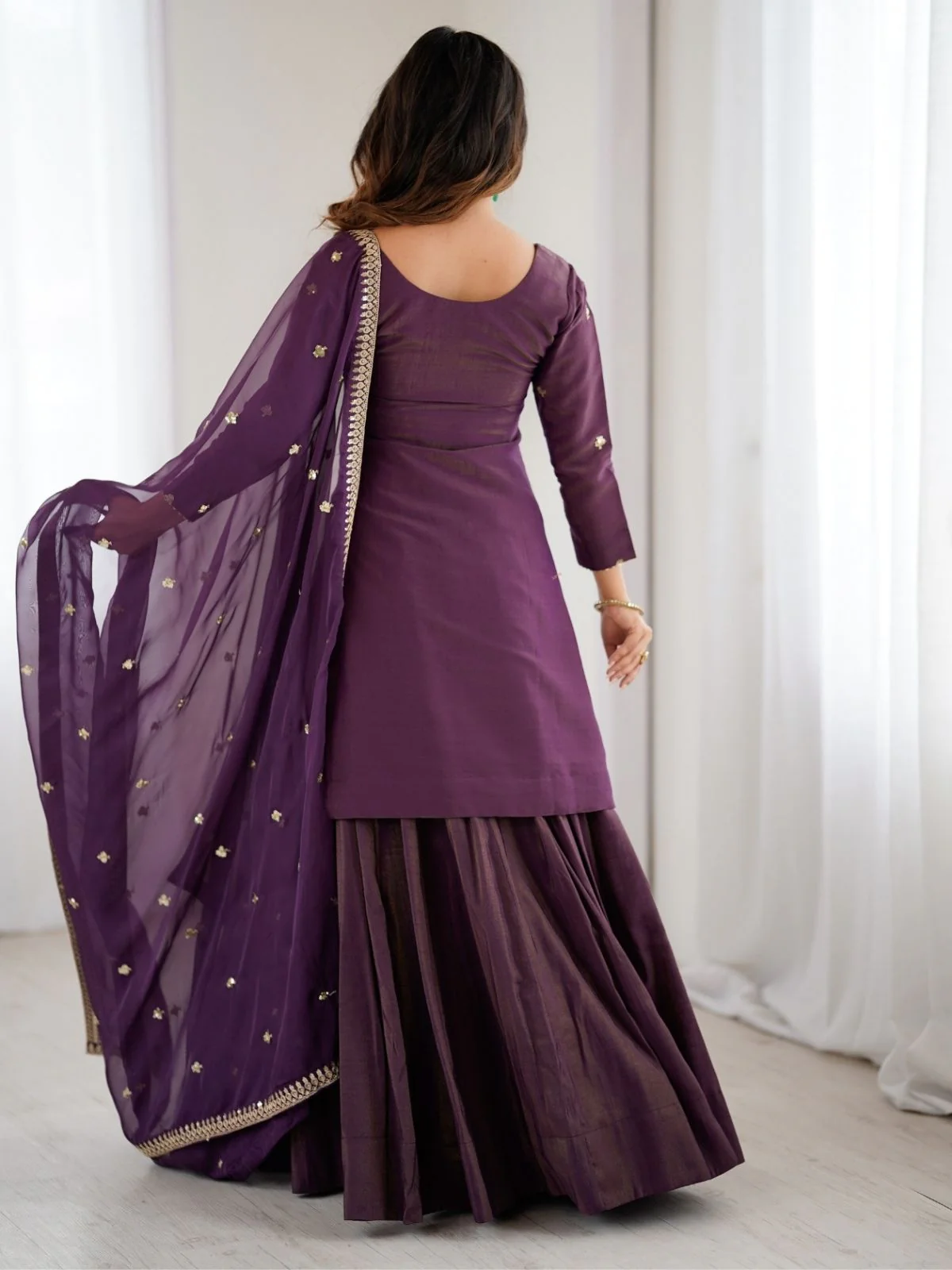 Odette Wine Silk Embroidered Sharara Set For Women - Image 3