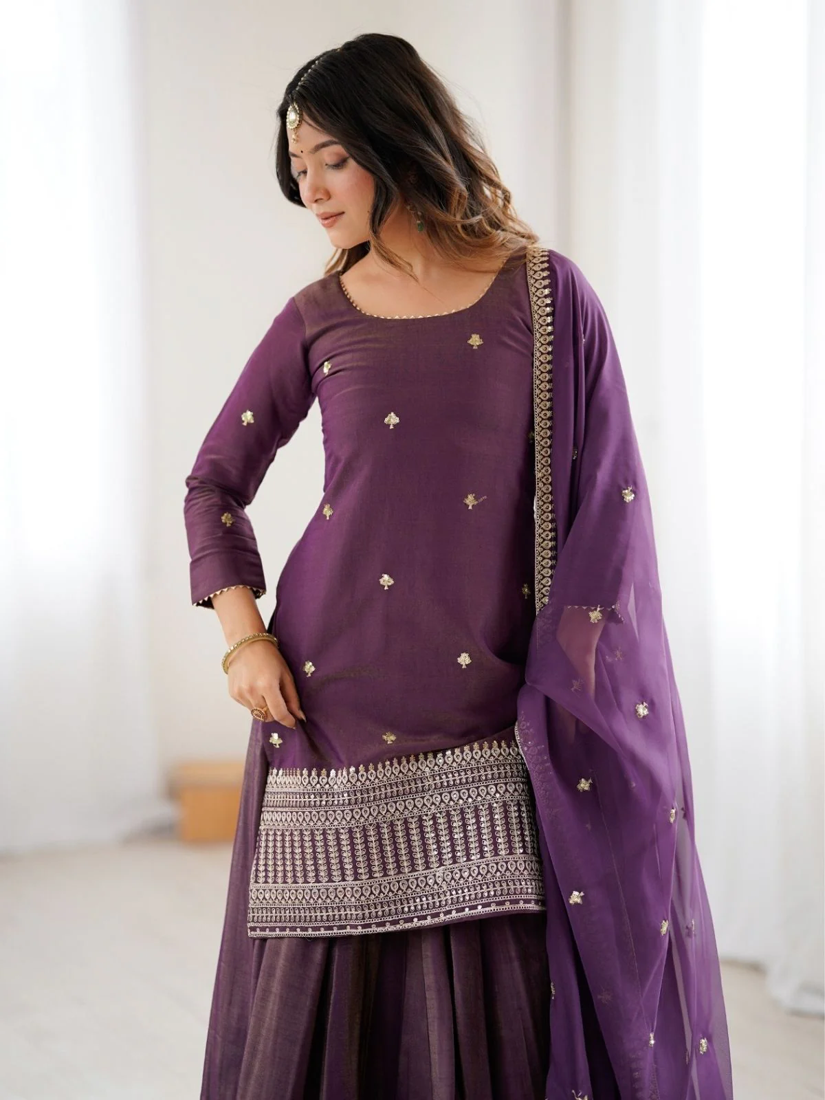 Odette Wine Silk Embroidered Sharara Set For Women - Image 4
