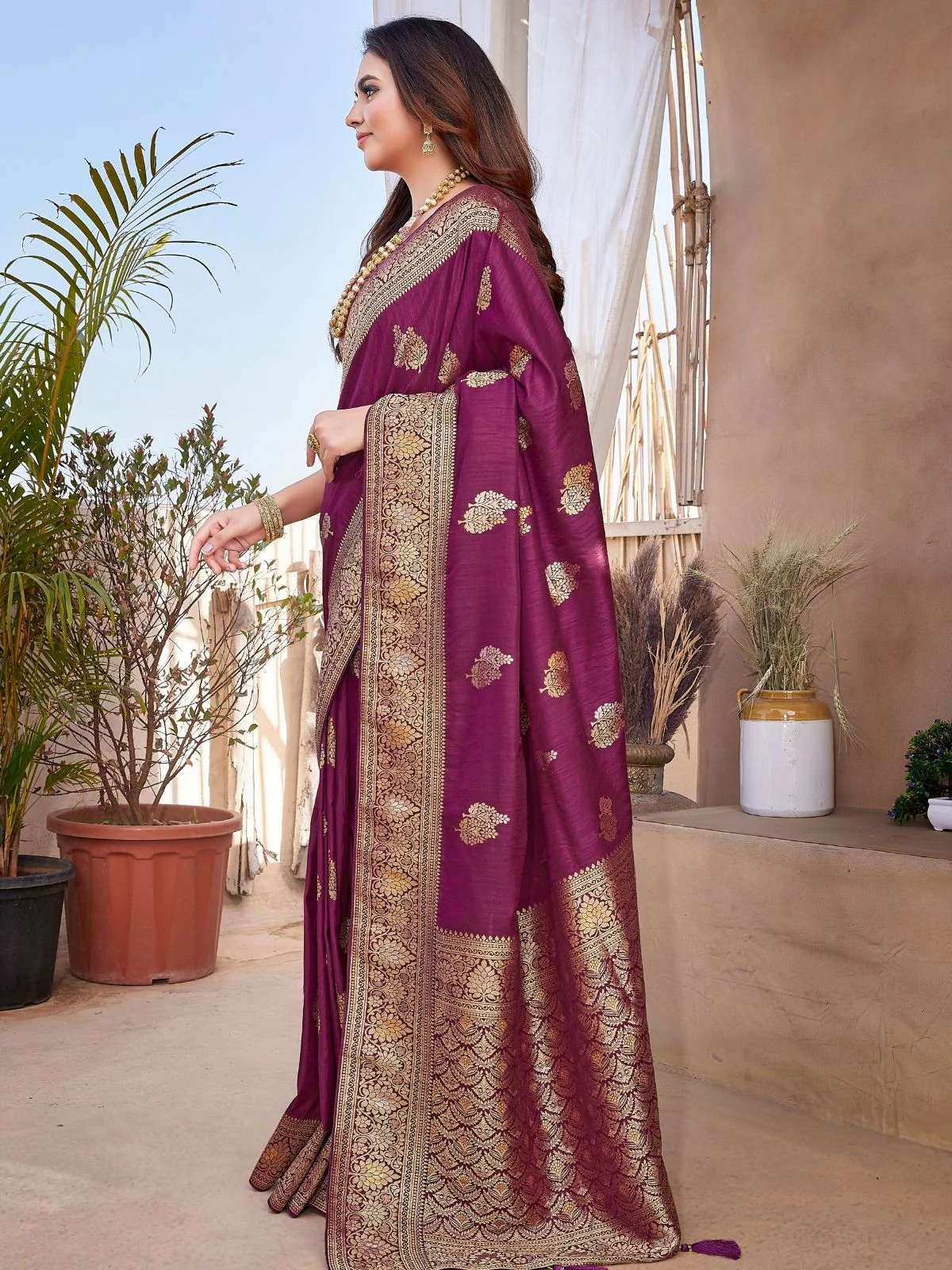 Odette Wine Silk Woven Saree For Women - Image 2