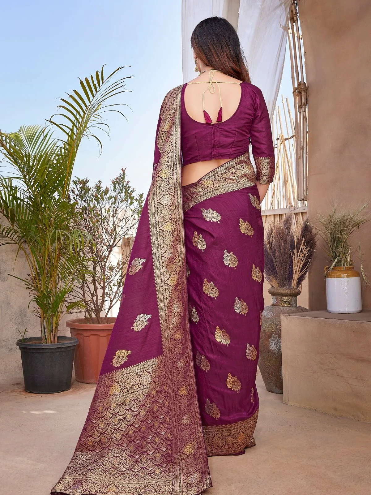 Odette Wine Silk Woven Saree For Women - Image 4