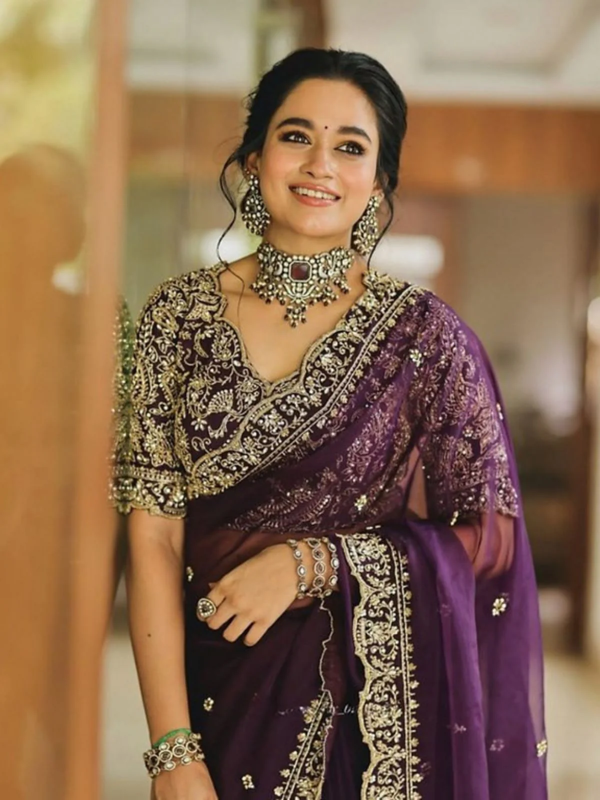 Odette Wine Soft Orgenza Silk Embellished Saree For Women - Image 2