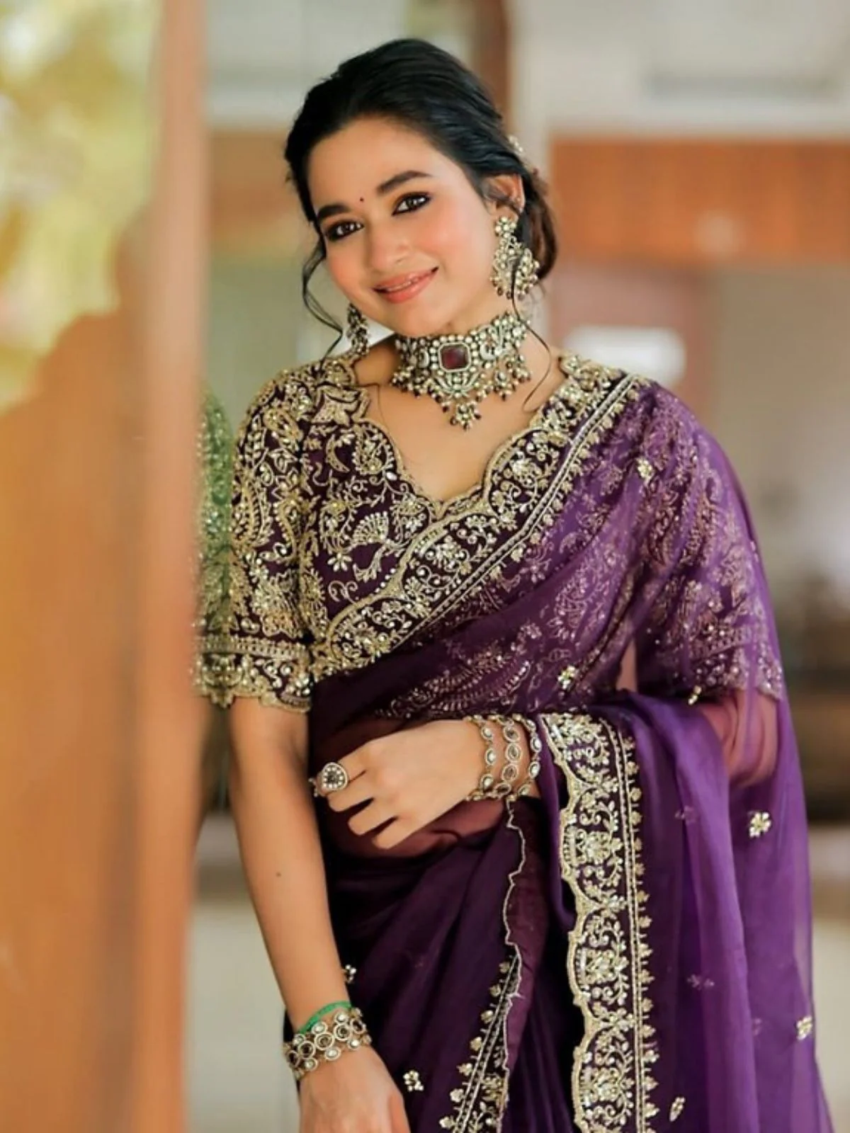Odette Wine Soft Orgenza Silk Embellished Saree For Women - Image 3