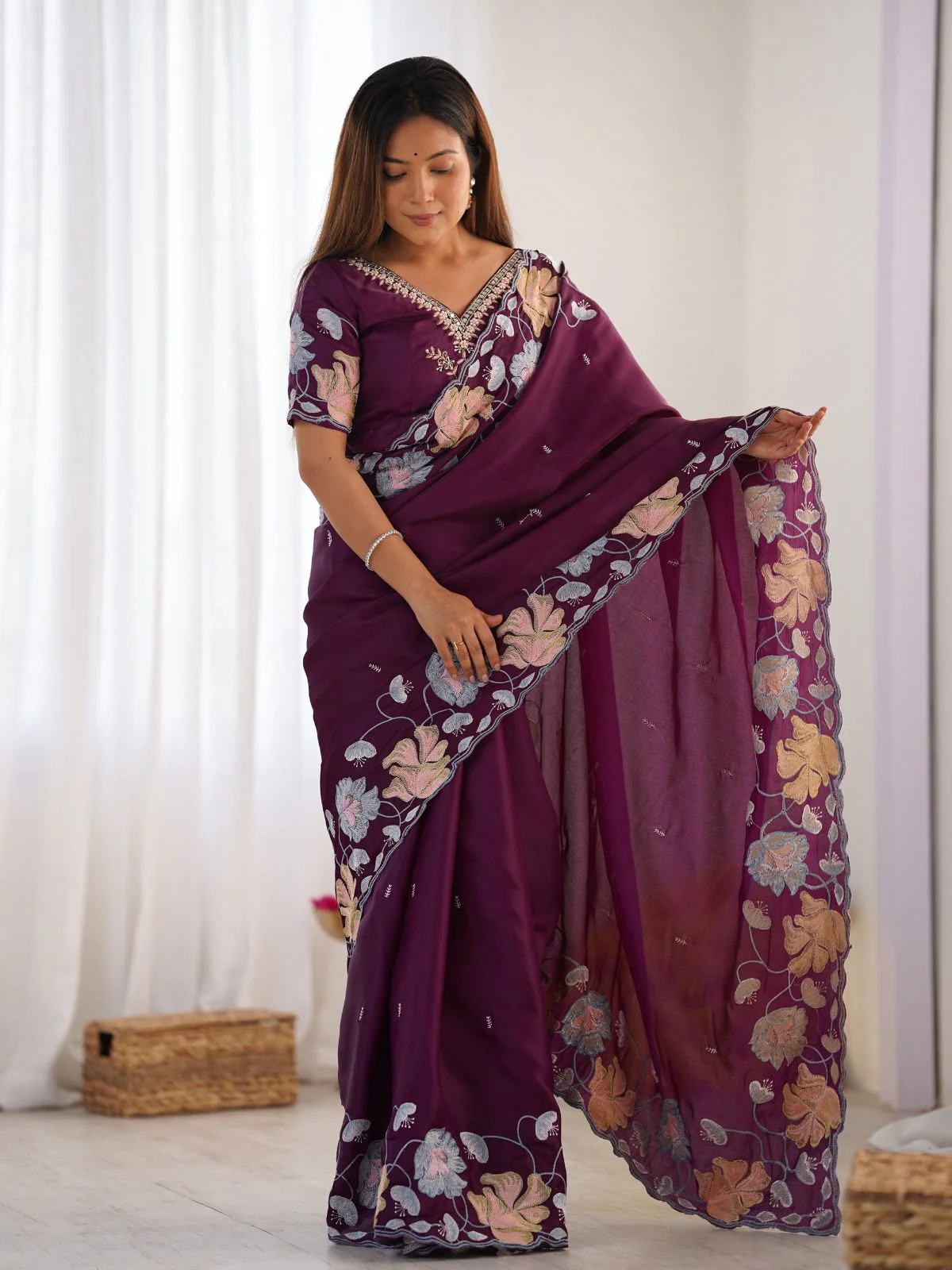 Odette Wine Tissue Embroidered Saree With Unstitched Blouse For Women - Image 2