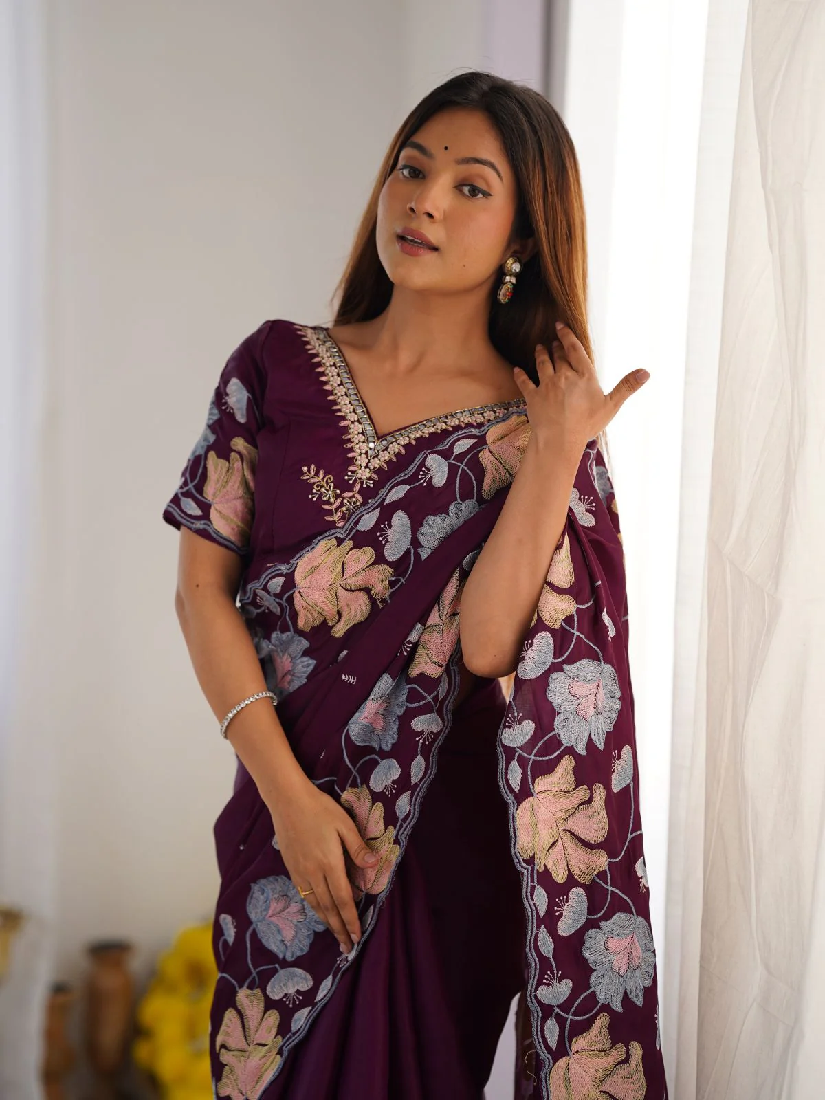 Odette Wine Tissue Embroidered Saree With Unstitched Blouse For Women - Image 4