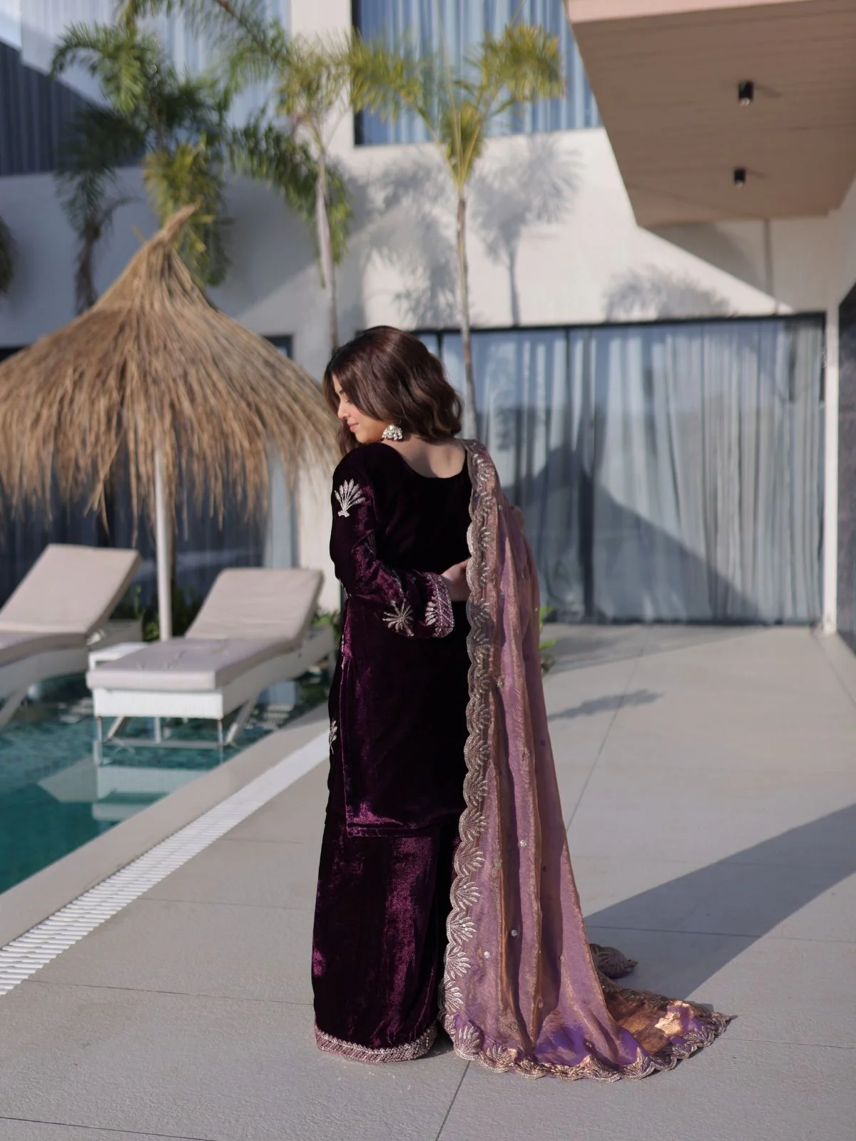 Odette Wine Velvet Embellished Kurta Set For Women - Image 3