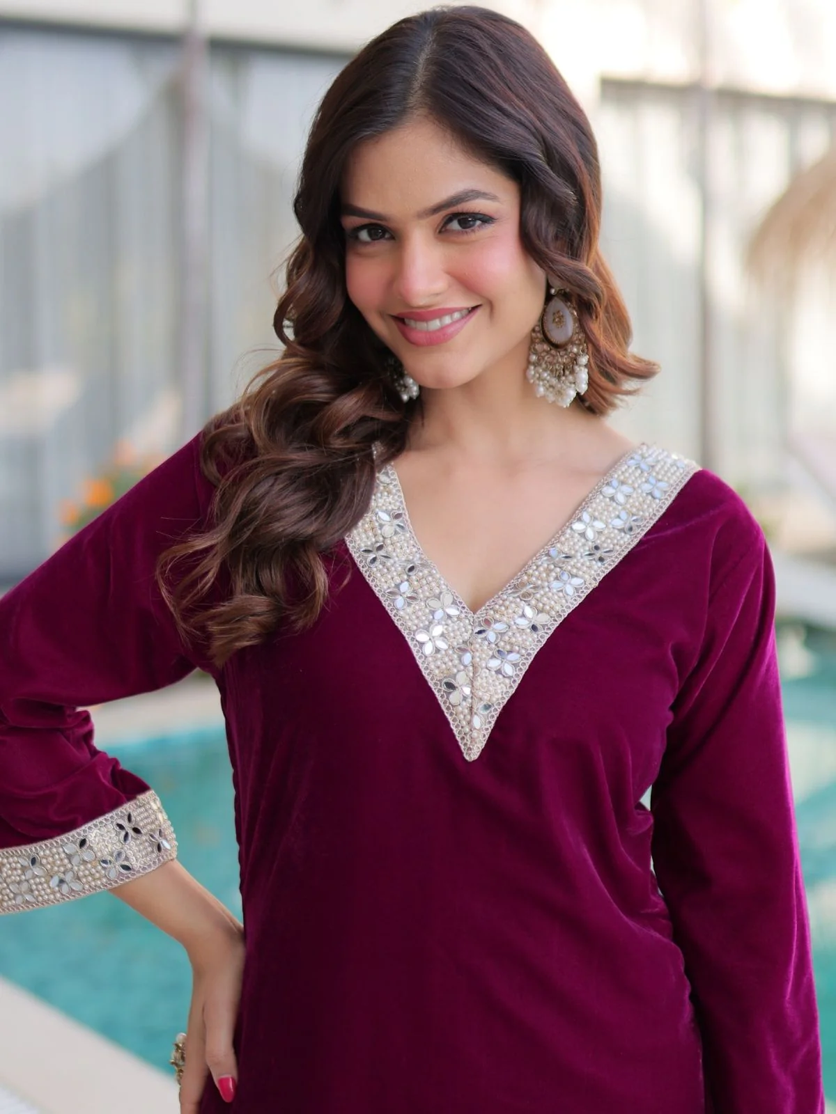 Odette Wine Velvet Embellished Kurta Set For Women - Image 4