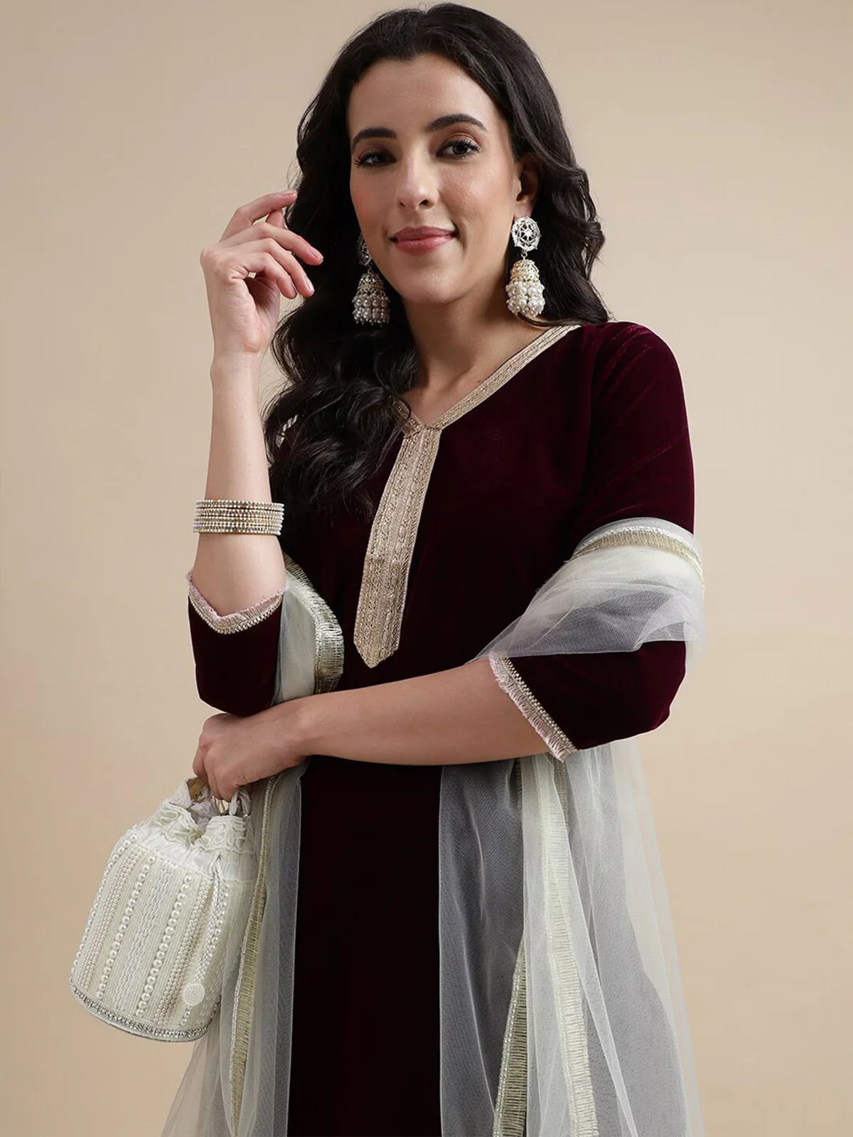 Odette Wine Velvet Embellished  Stitched Kurta Set For Women - Image 2