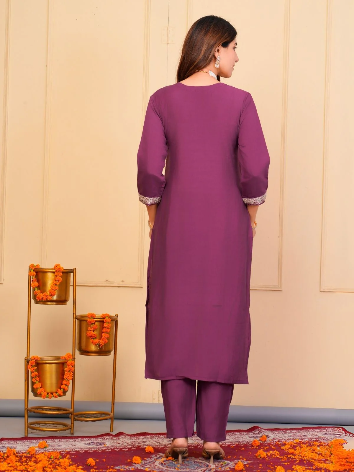 Odette Wine Viscose Embroidered Stitched Kurta Set For Women - Image 3