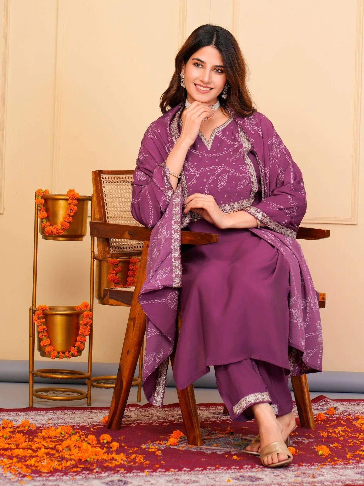 Odette Wine Viscose Embroidered Stitched Kurta Set For Women - Image 5