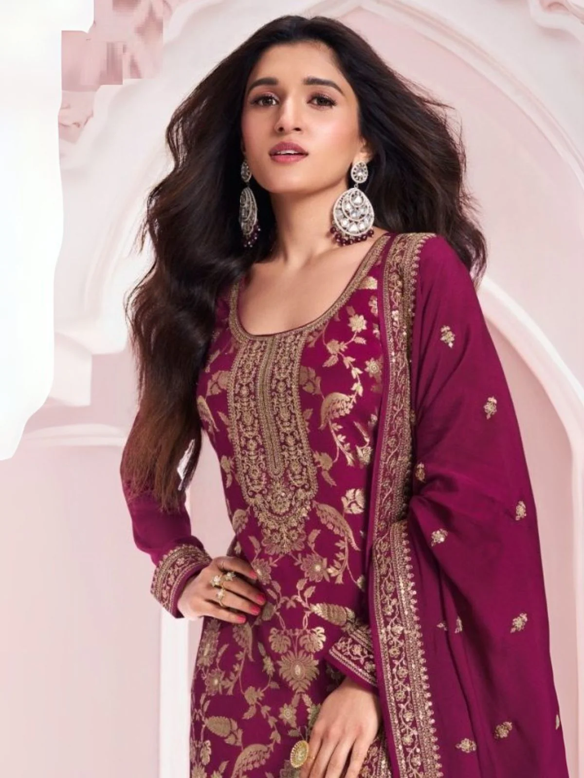 Odette Wine Viscose Rayon Embroidered Semi-Stitched Kurta Set For Women - Image 2