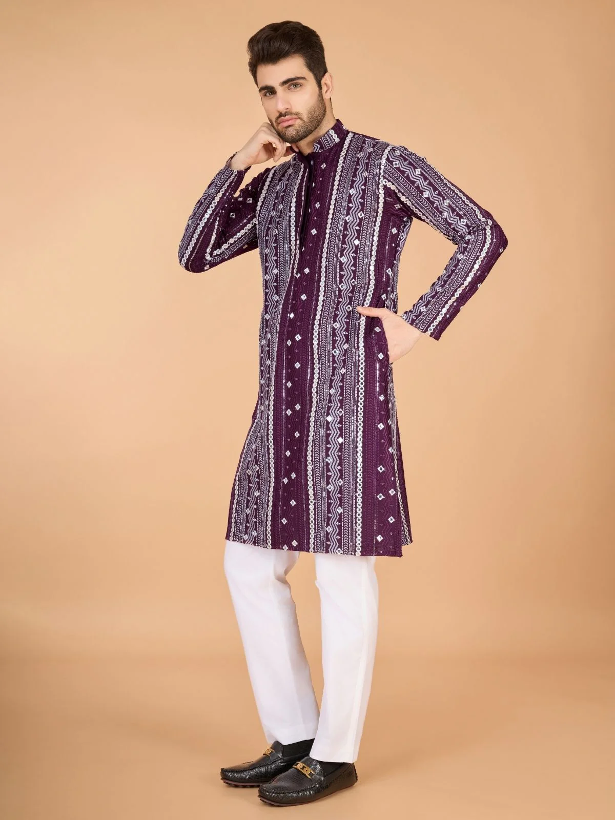 Odette Wine Viscose Rayon Embroidered Stitched Kurta For Men - Image 2