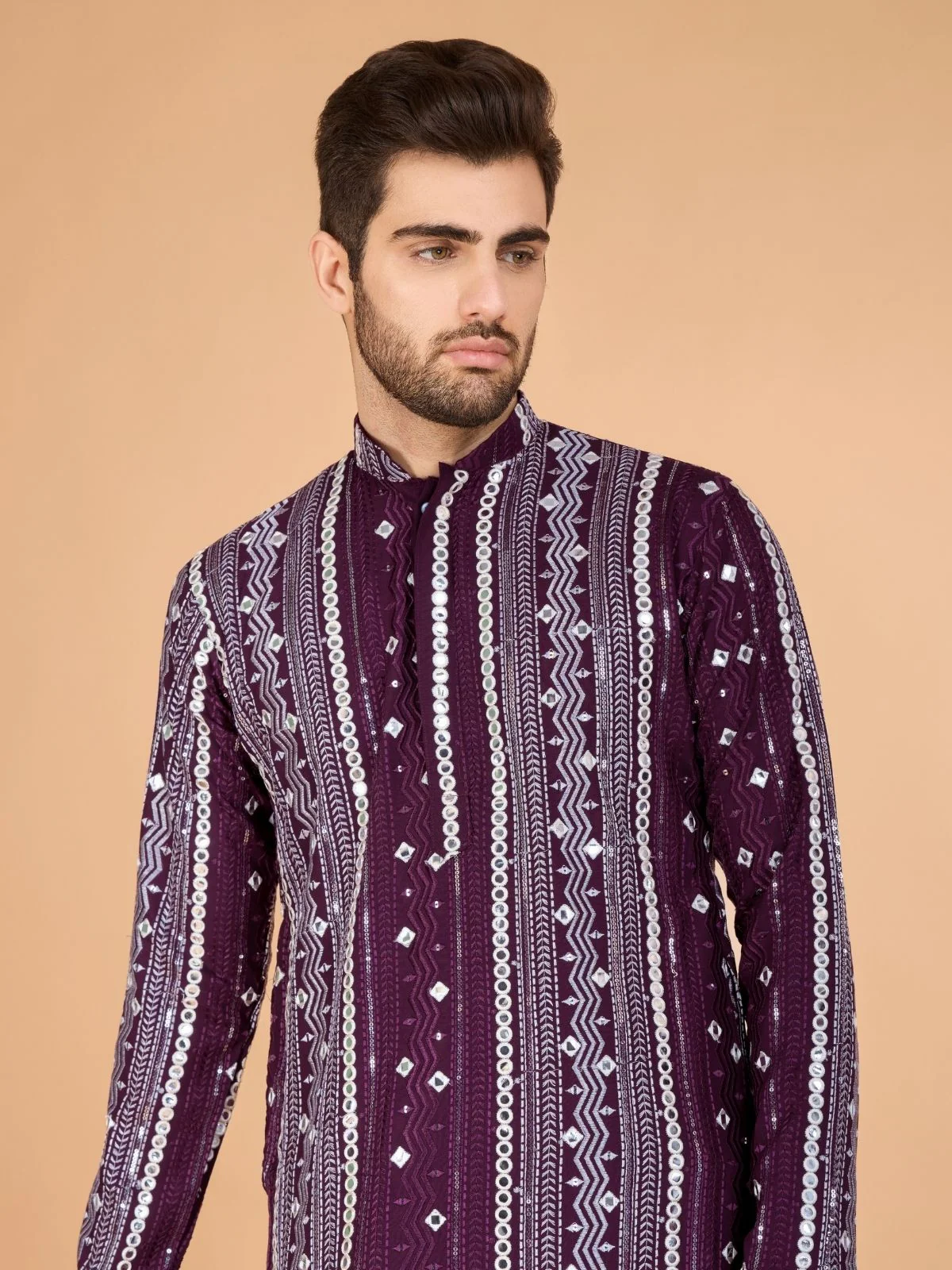 Odette Wine Viscose Rayon Embroidered Stitched Kurta For Men - Image 5