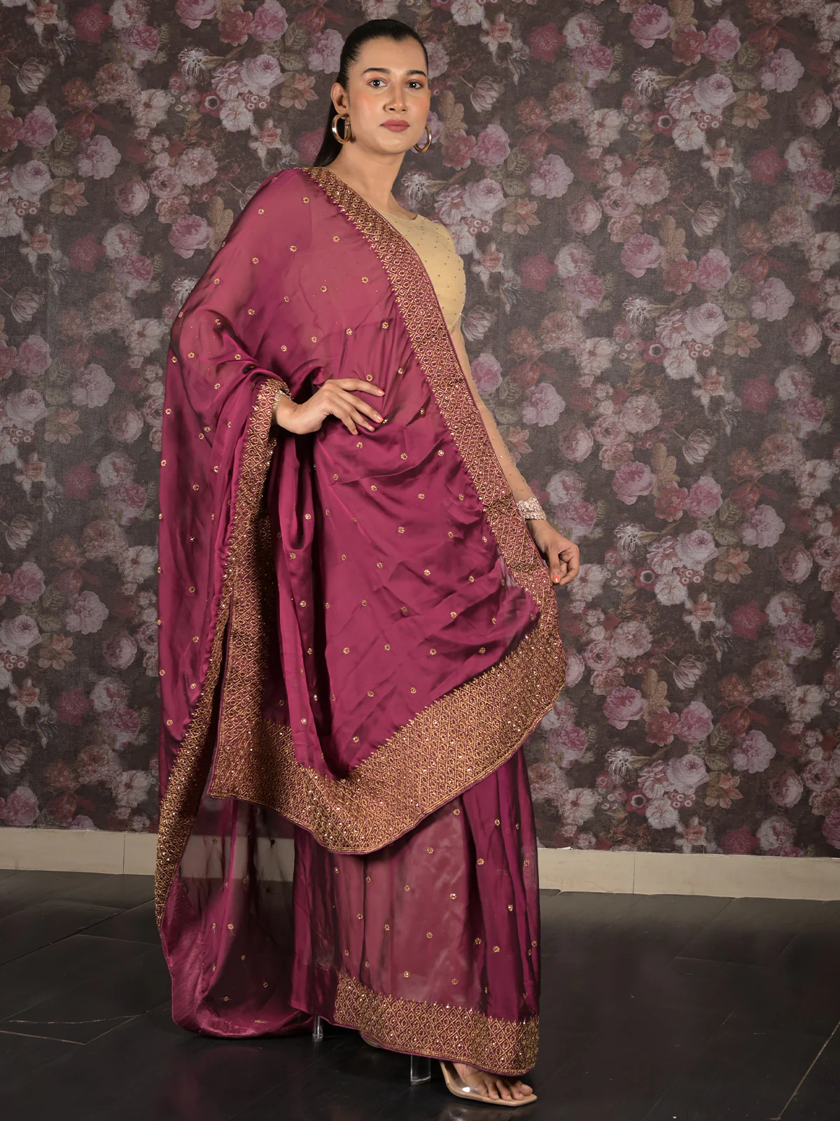 Odette Wine Zari Embroidered Crepe Saree with Unstitched Blouse for Women - Image 3