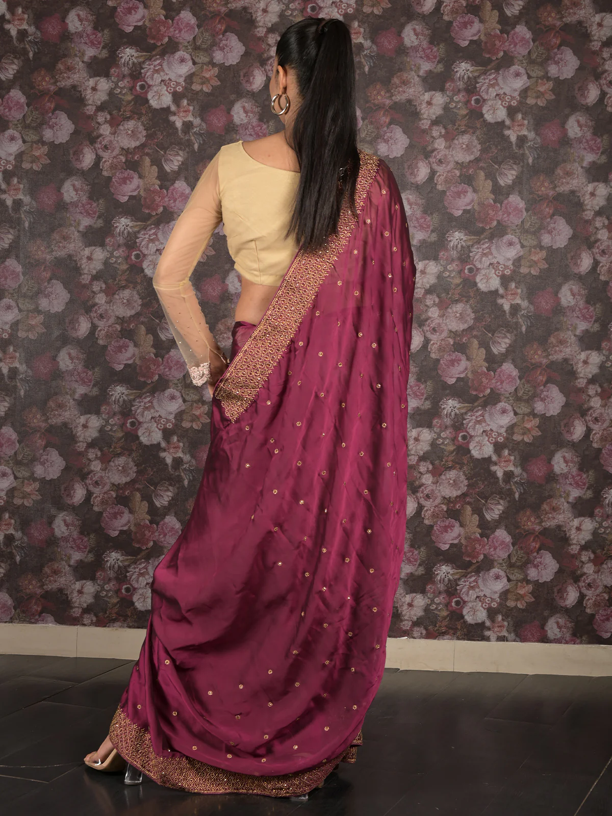 Odette Wine Zari Embroidered Crepe Saree with Unstitched Blouse for Women - Image 4