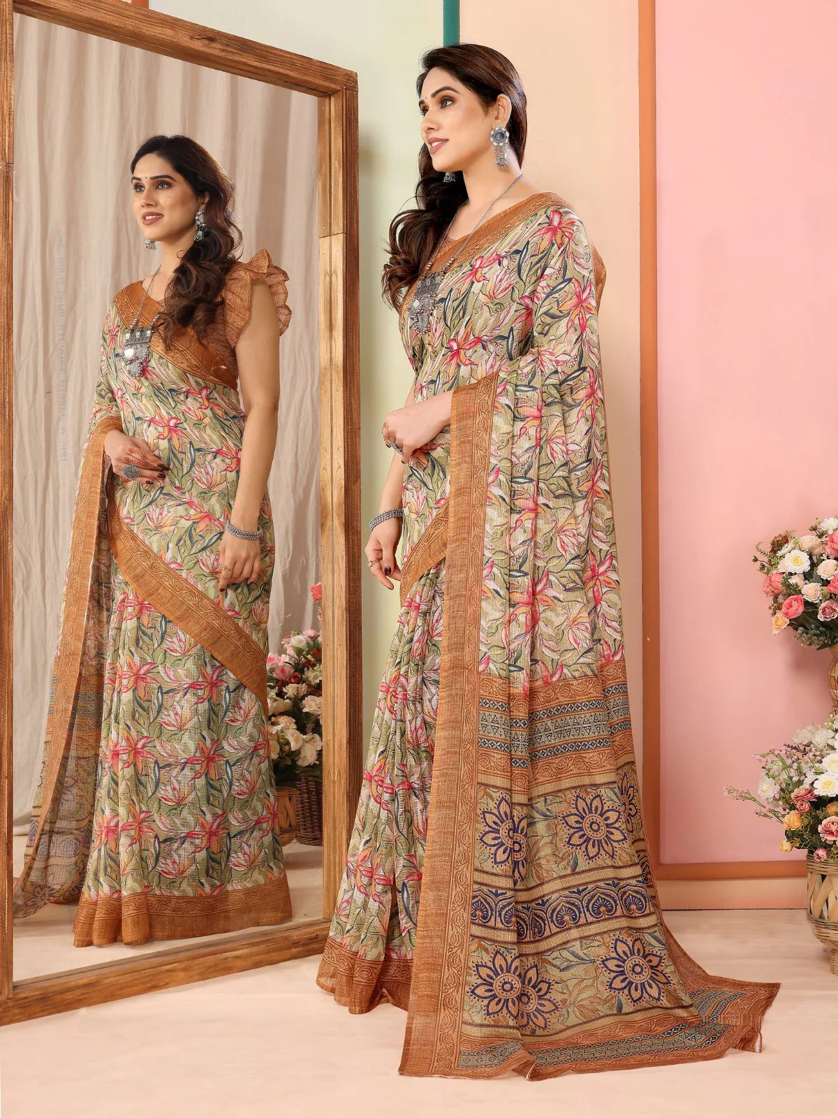 Odette Women Multicolor Cotton Blend Printed Saree With Unstitched Blouse - Image 2