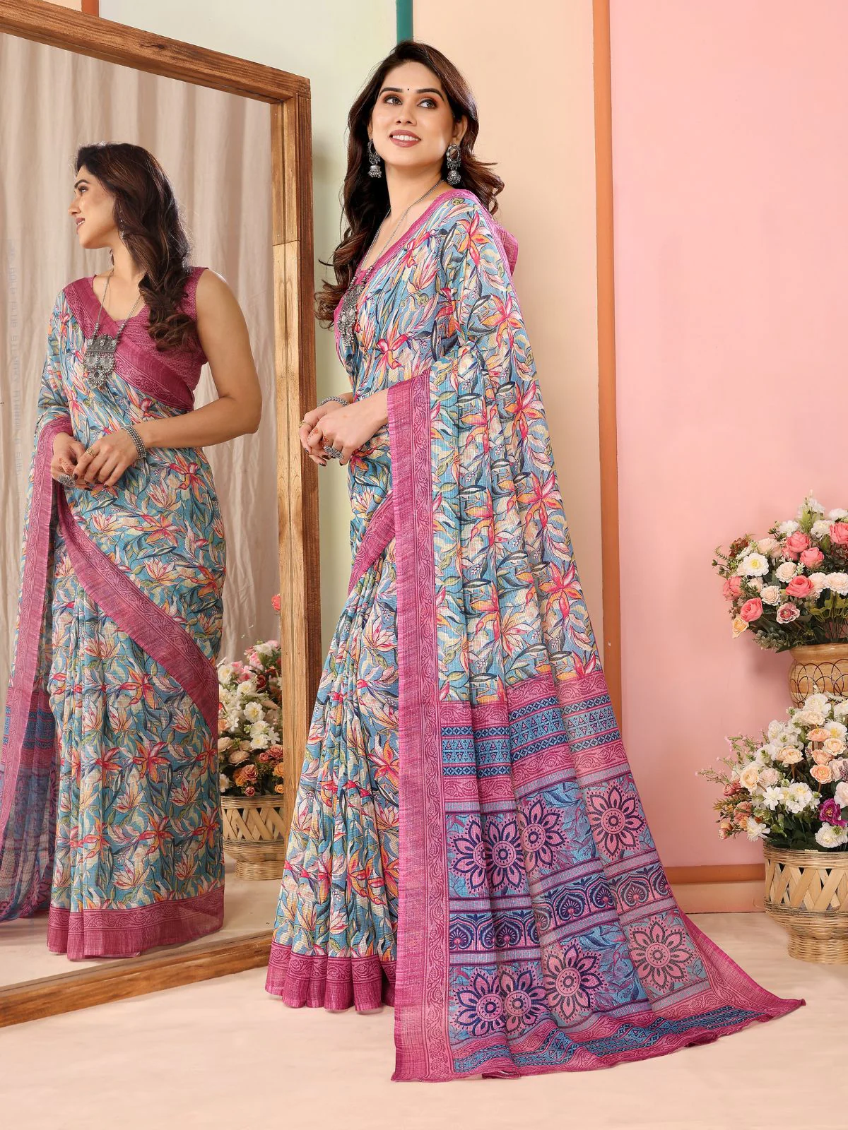 Odette Women Multicolor Cotton Blend Printed Saree With Unstitched Blouse - Image 2