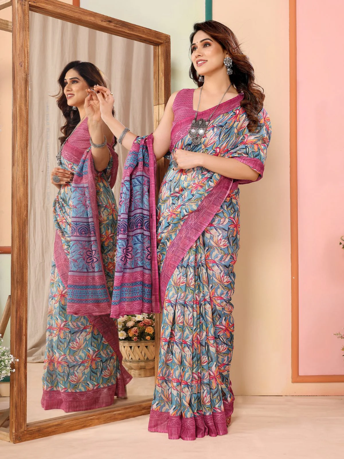 Odette Women Multicolor Cotton Blend Printed Saree With Unstitched Blouse - Image 3