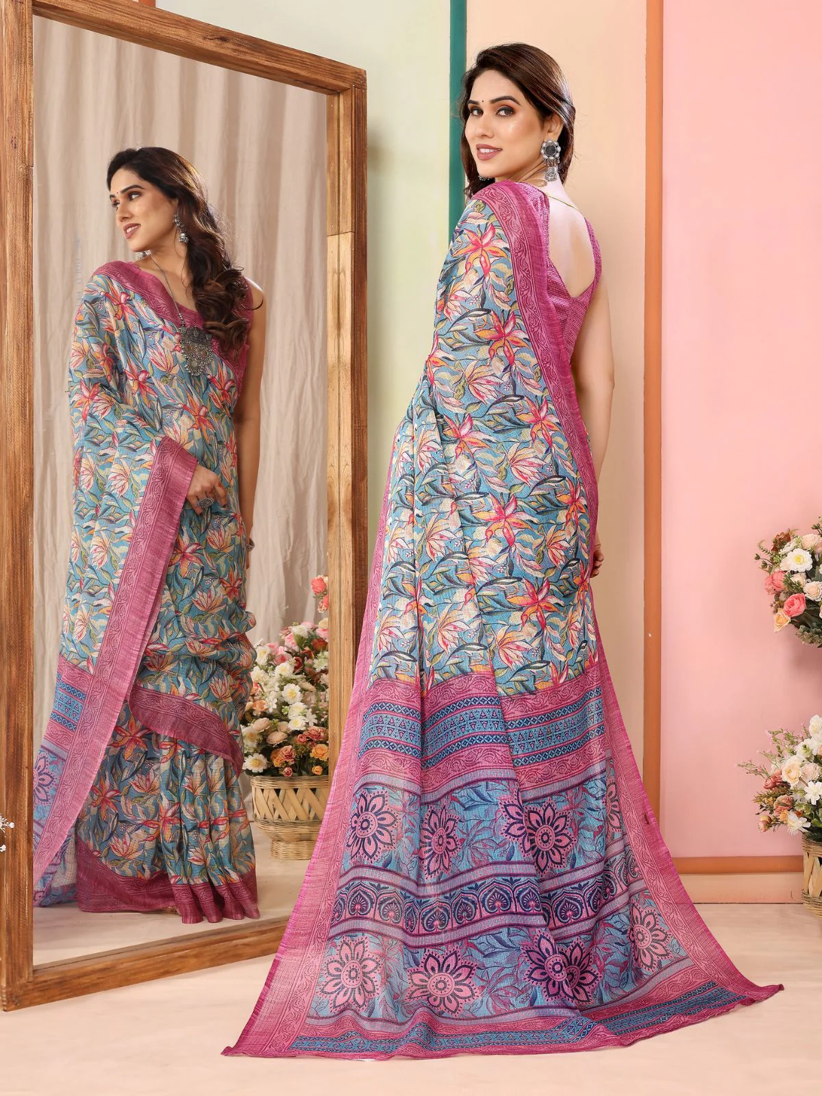 Odette Women Multicolor Cotton Blend Printed Saree With Unstitched Blouse - Image 4