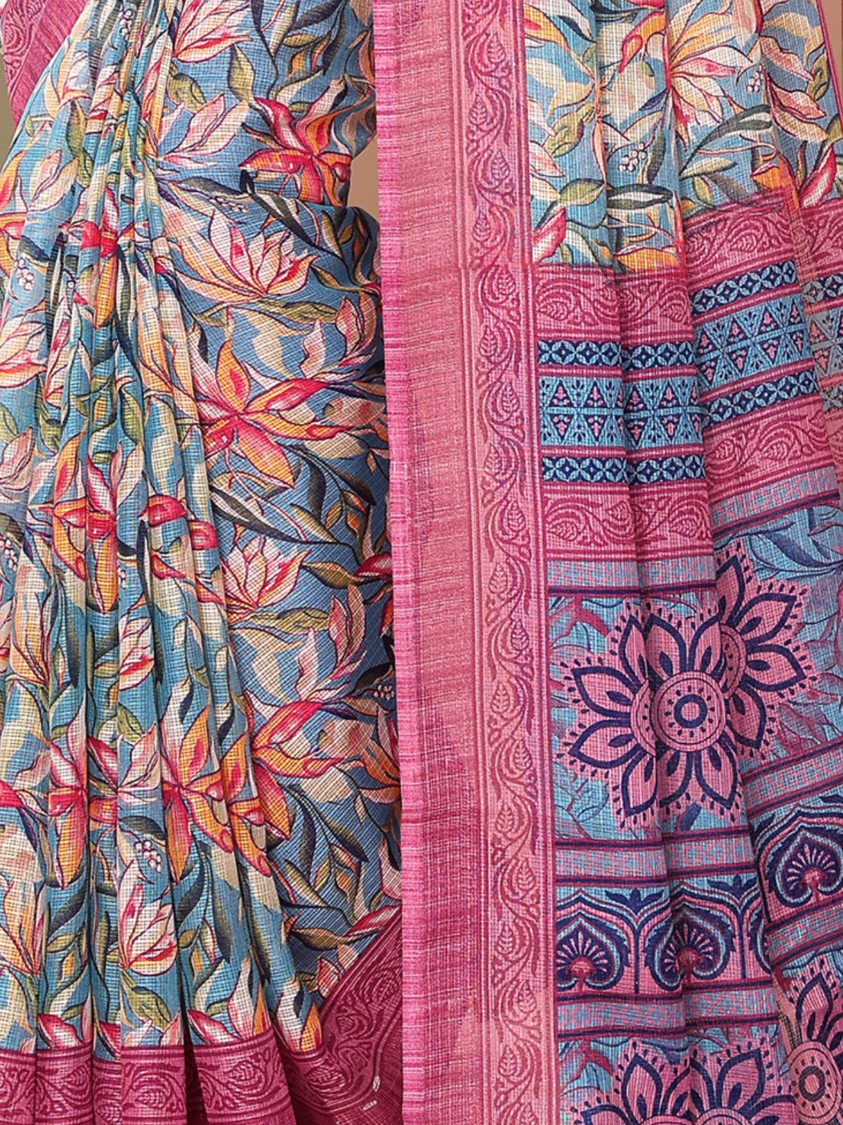 Odette Women Multicolor Cotton Blend Printed Saree With Unstitched Blouse - Image 5