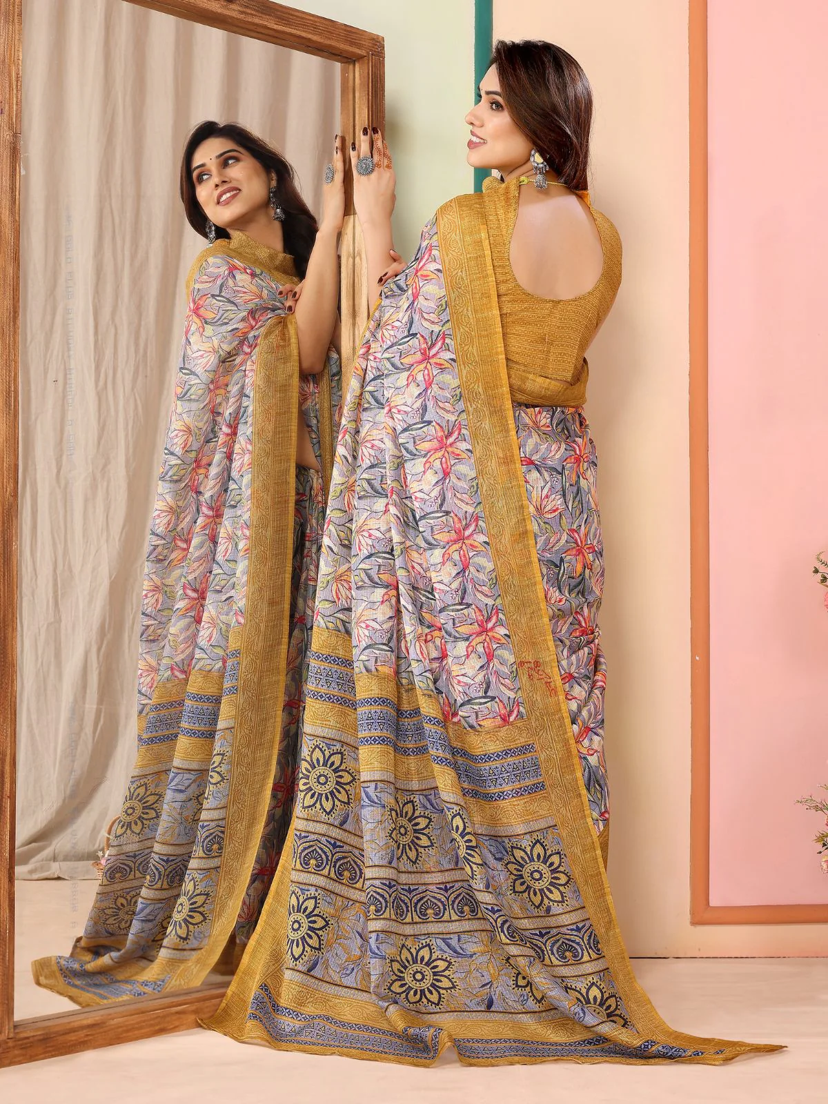 Odette Women Multicolor Cotton Blend Printed Saree With Unstitched Blouse - Image 3