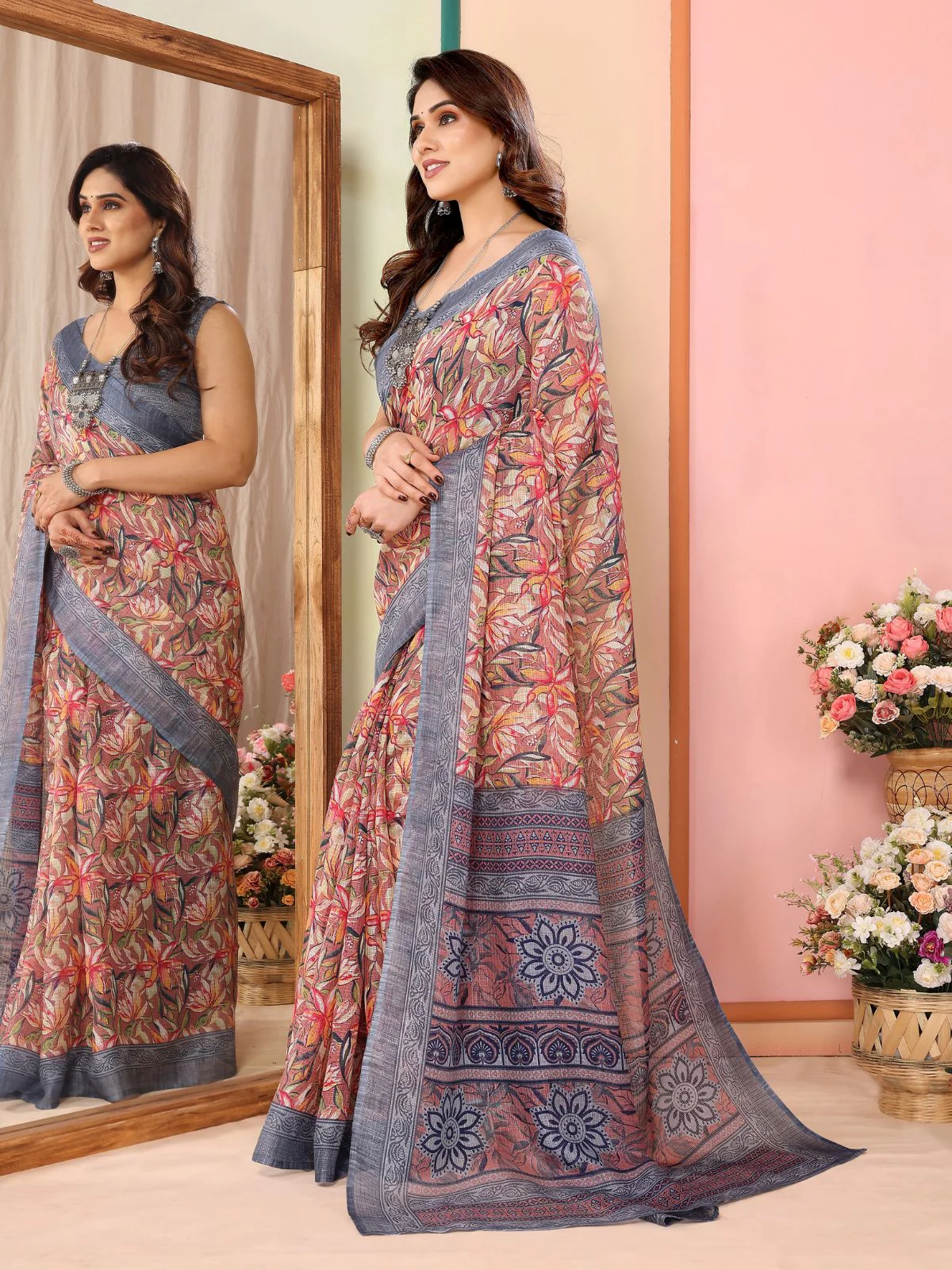 Odette Women Multicolor Cotton Blend Printed Saree With Unstitched Blouse - Image 2