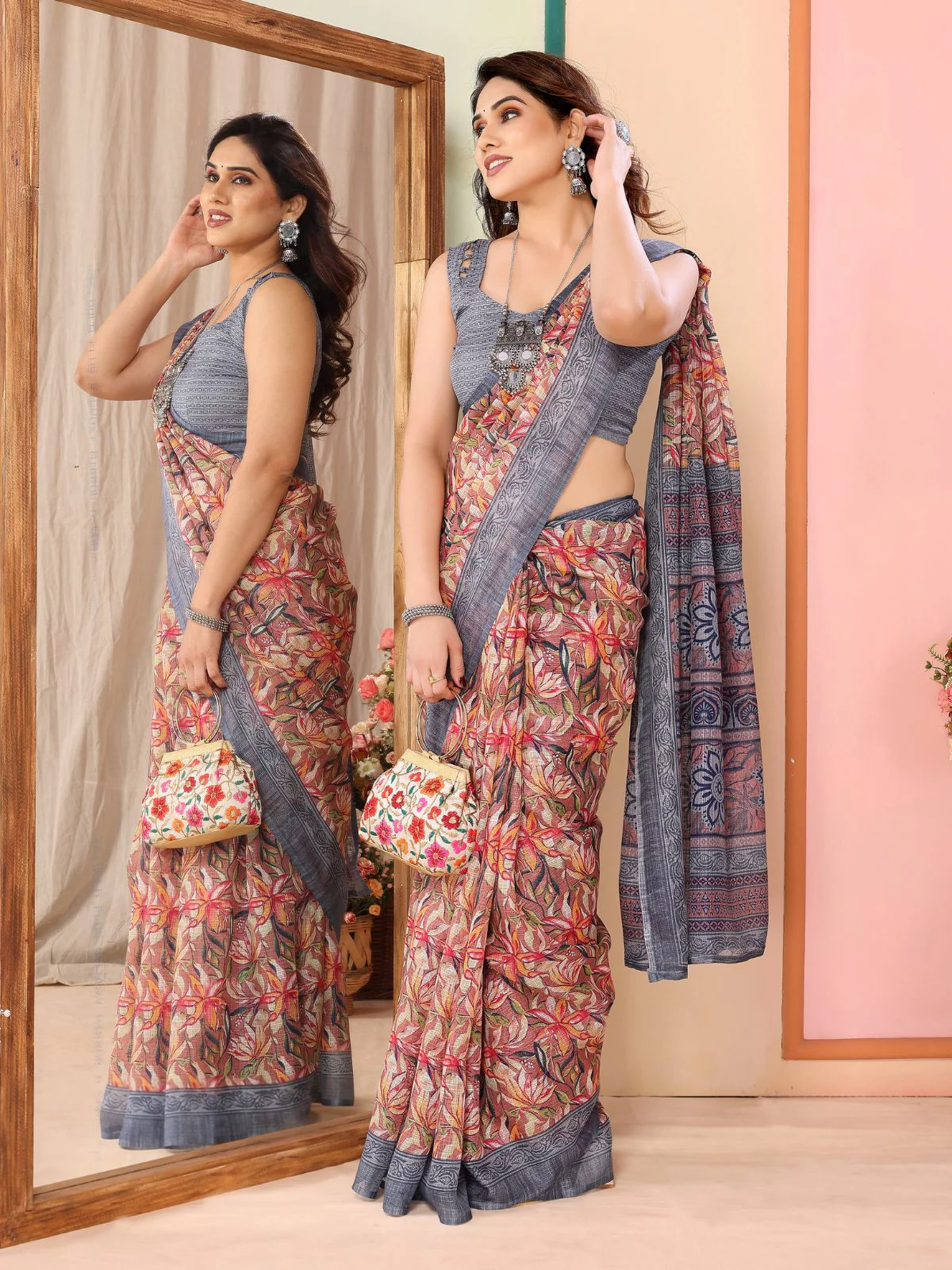 Odette Women Multicolor Cotton Blend Printed Saree With Unstitched Blouse - Image 3