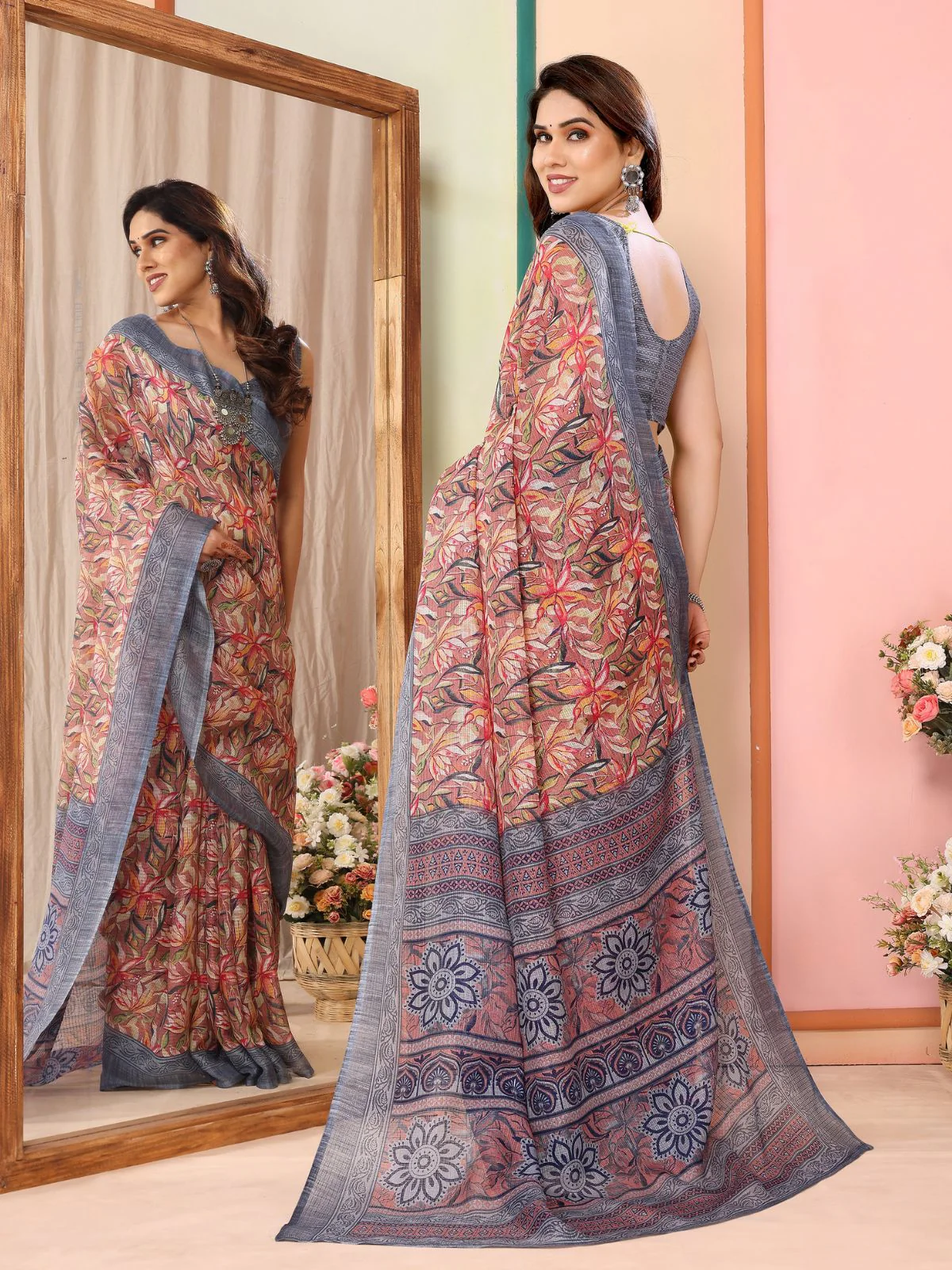 Odette Women Multicolor Cotton Blend Printed Saree With Unstitched Blouse - Image 4