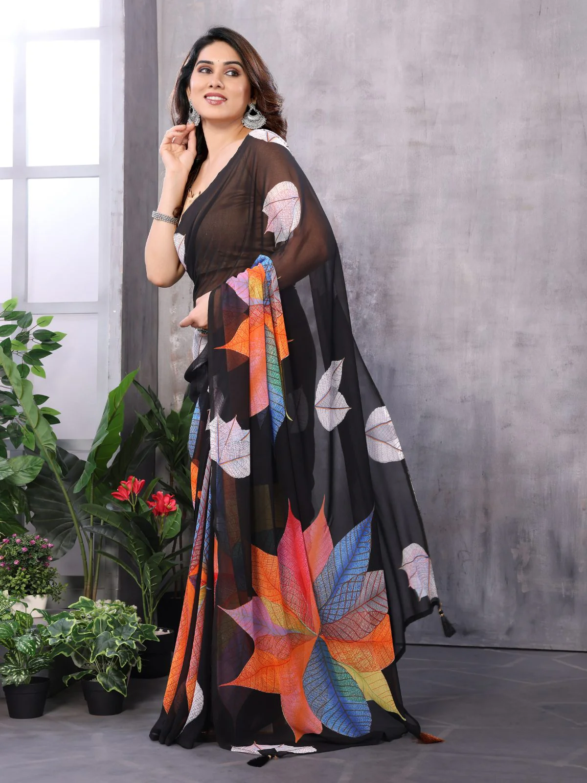 Odette Women Multicolor Georgette Printed Saree With Unstitched Blouse - Image 2