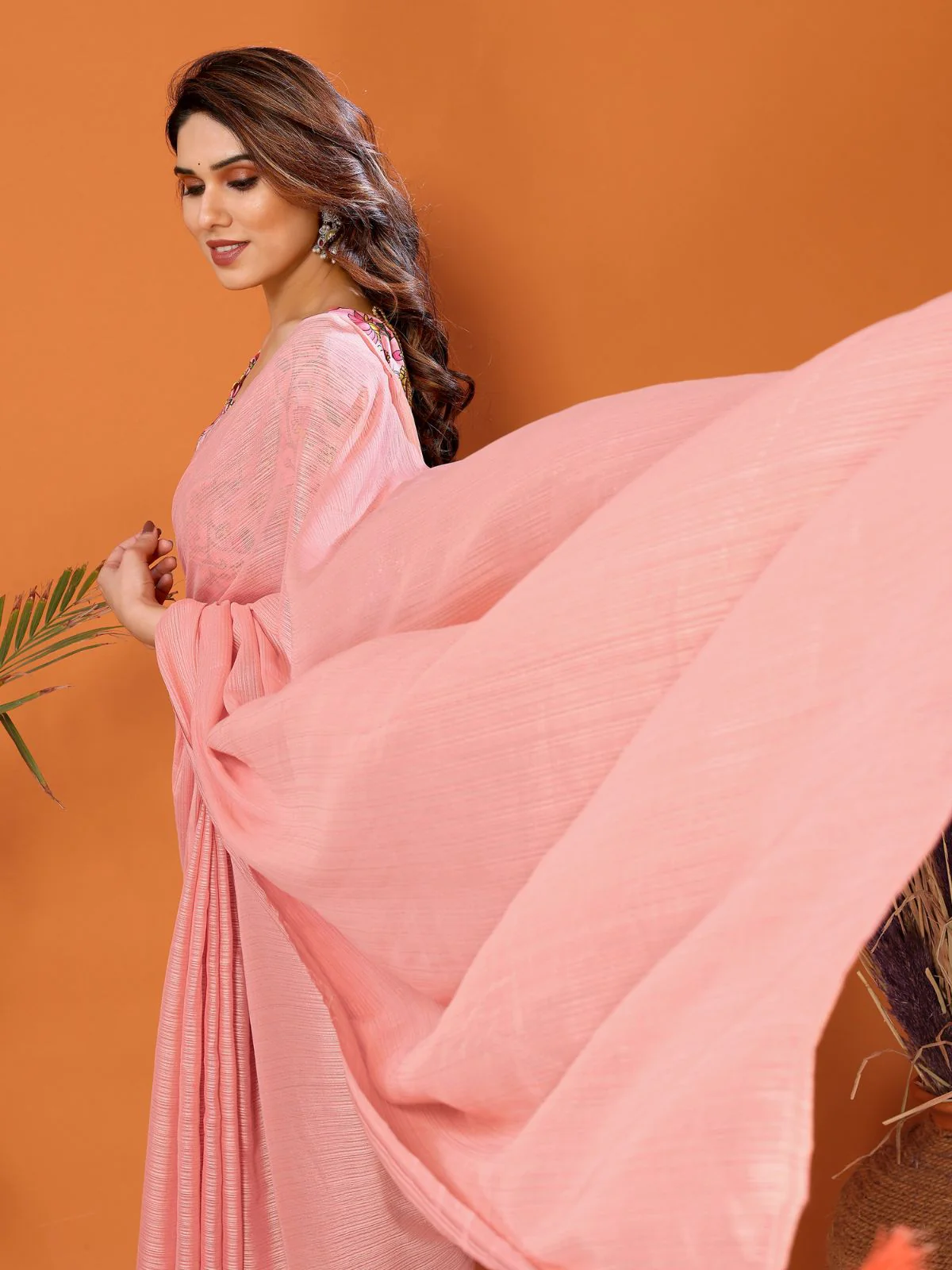 Odette Women Peach Polyester Solid Saree With Unstitched Blouse - Image 2