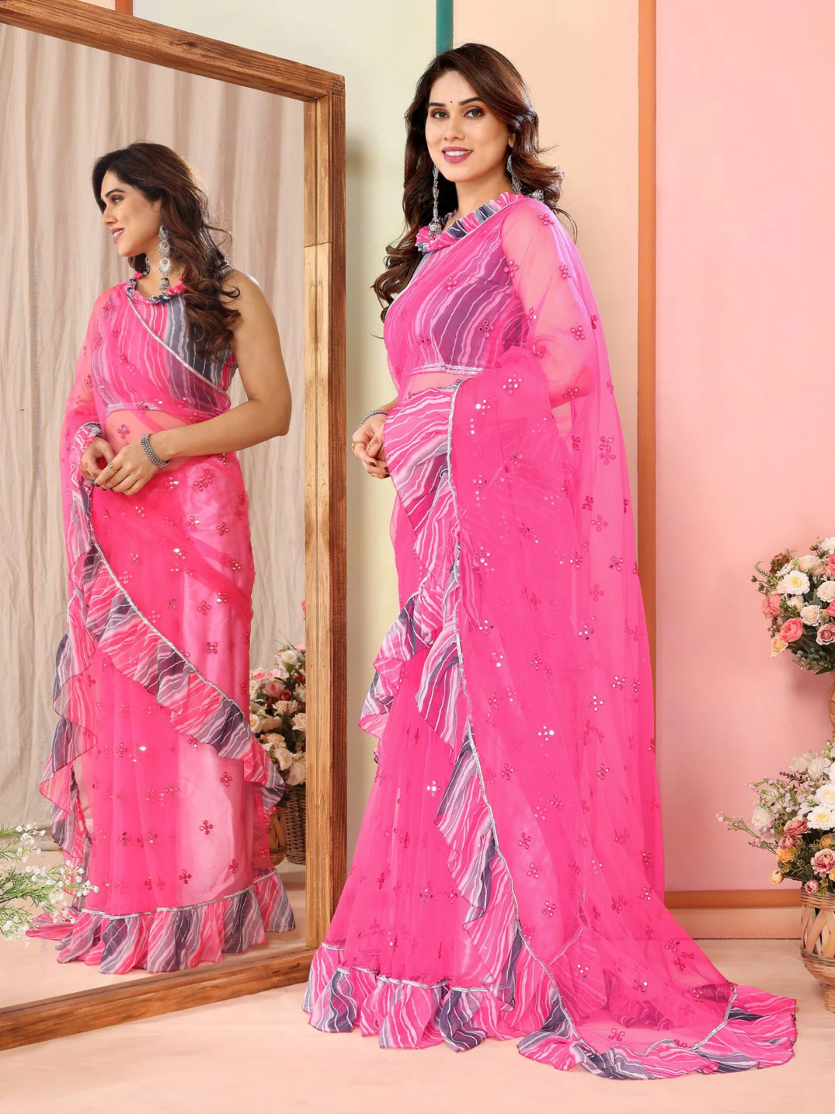 Odette Women Pink Net Mirror Work Saree With Unstitched Blouse - Image 2