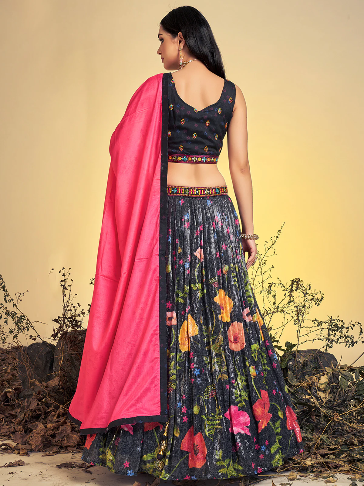Odette Women Stunning Black Art Silk Sequins Work Stitched Lehenga Choli Set - Image 4
