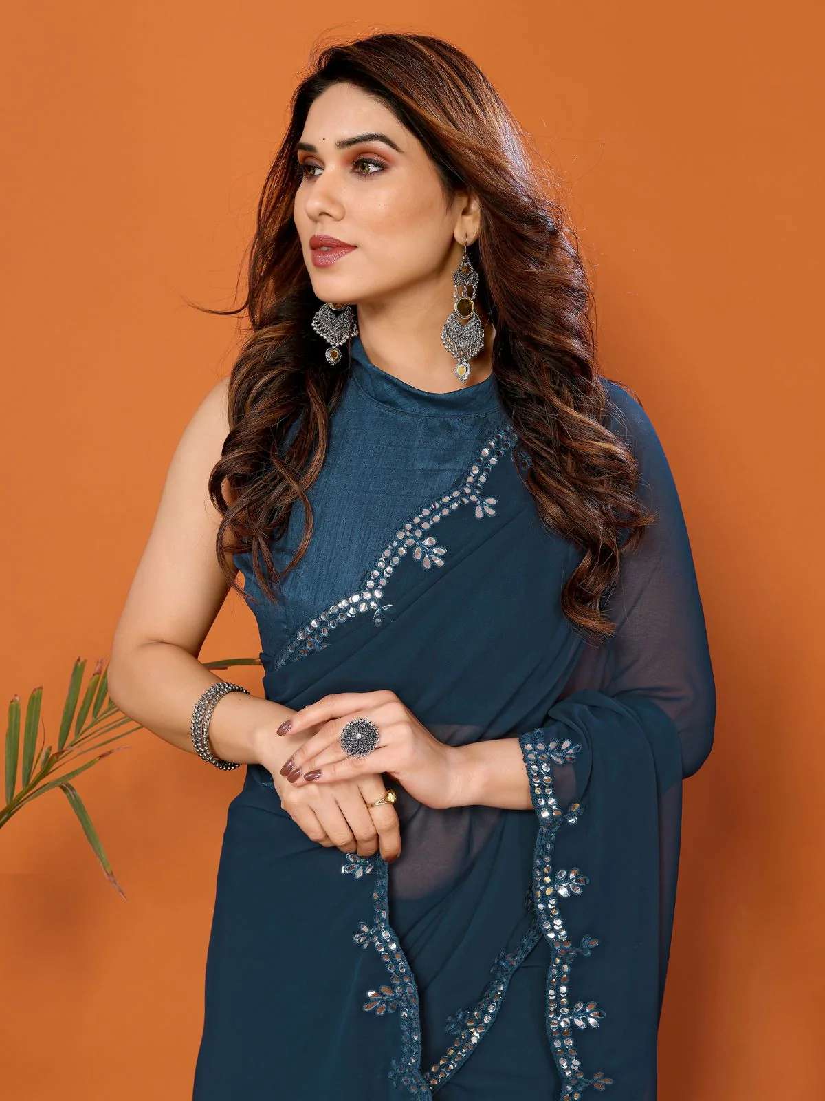 Odette Women Teal Georgette Mirror Work Saree With Unstitched Blouse - Image 4