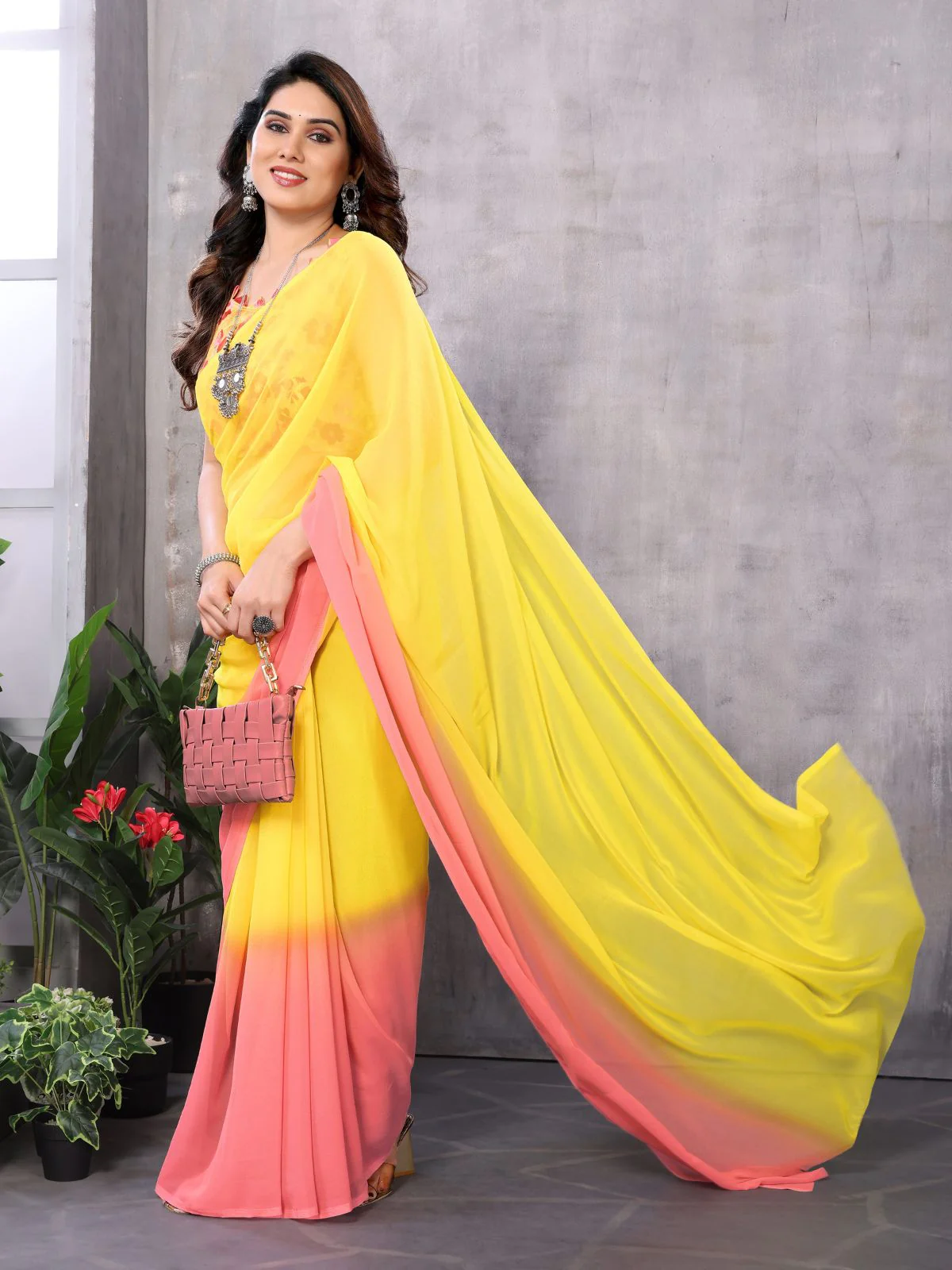 Odette Women Yellow And Pink Georgette Solid Saree With Unstitched Blouse - Image 2