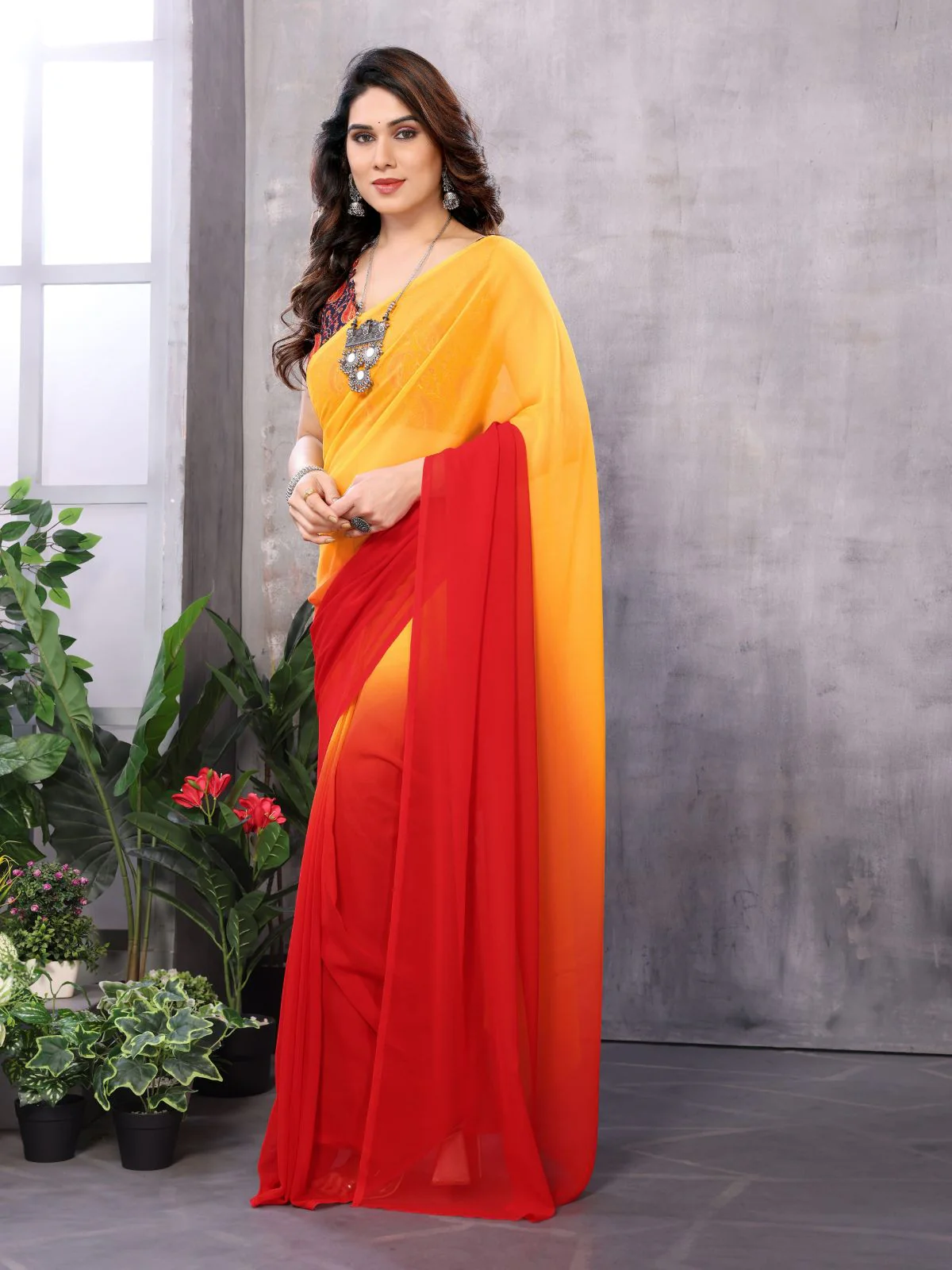 Odette Women Yellow And Red Georgette Solid Saree With Unstitched Blouse - Image 2