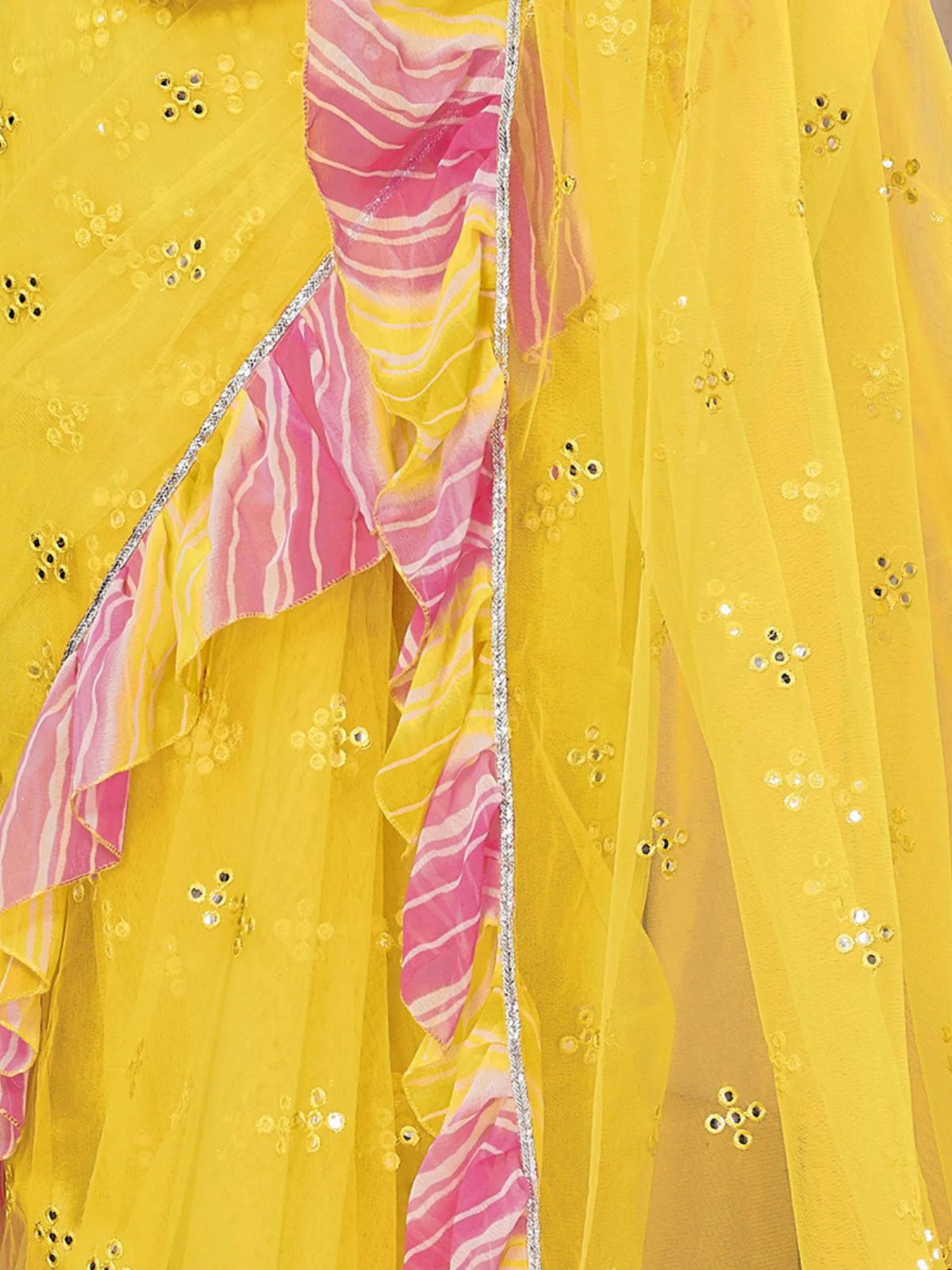 Odette Women Yellow Net Mirror Work Saree With Unstitched Blouse - Image 6