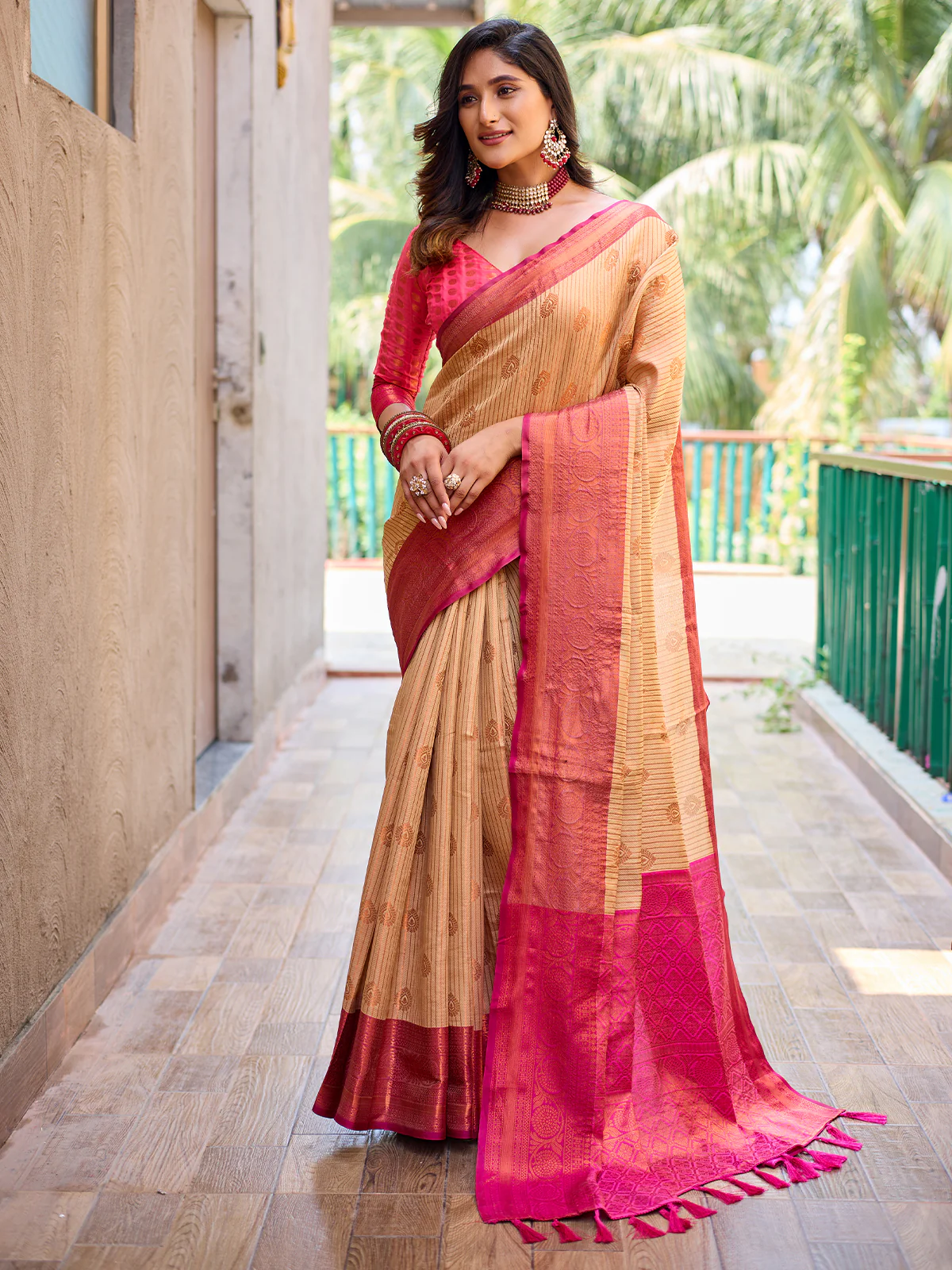 Odette Women's Beige Silk  Saree with unstitched Blouse - Image 2