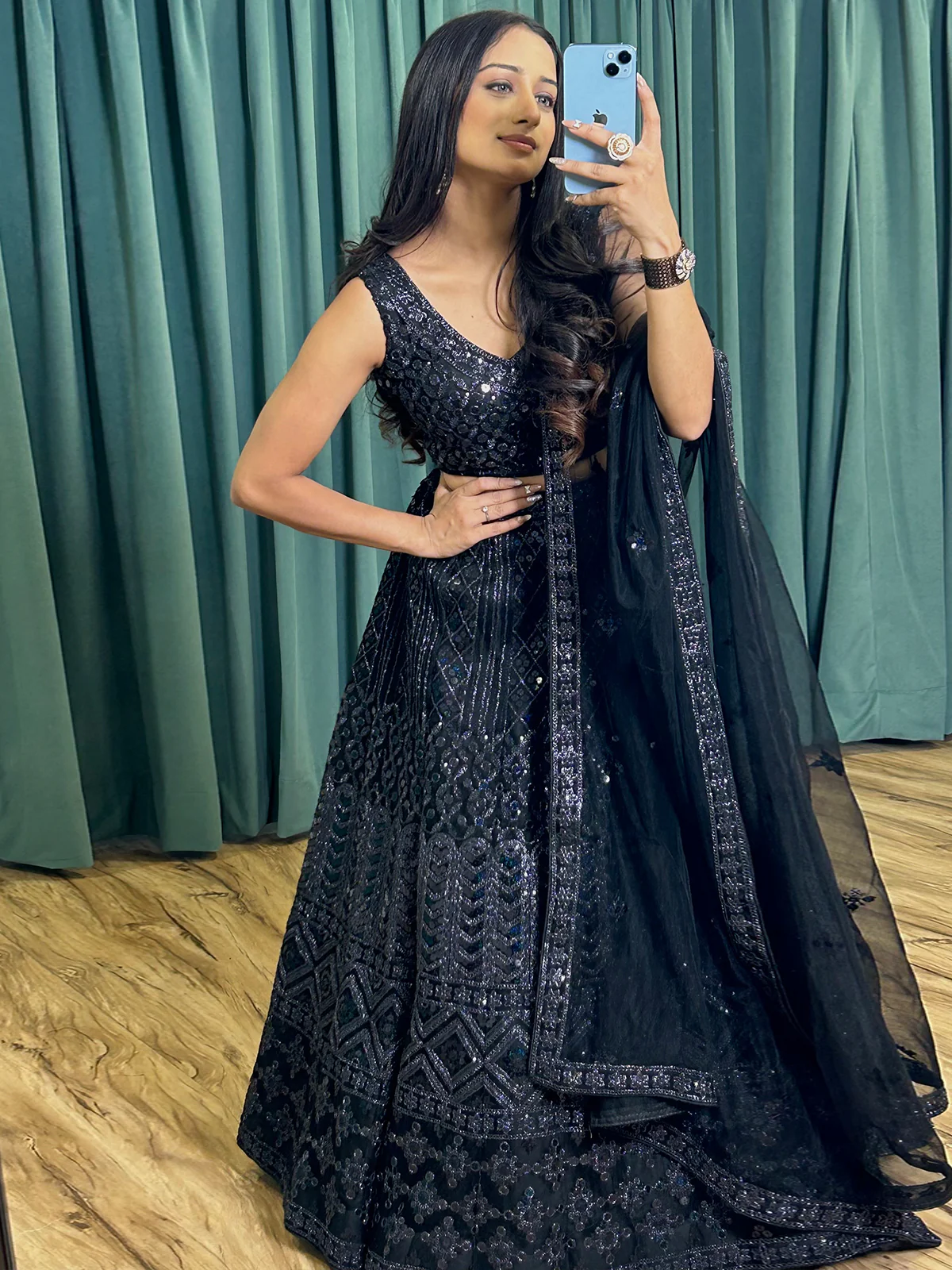 Odette Women's Black Net Semi Stitched Lehenga with Unstitched Blouse - Image 4